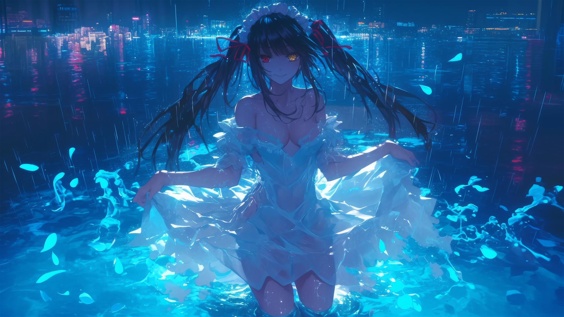 Kurumi Tokisaki from Date A Live in a rainy swimming pool, moonlit, white dress.
