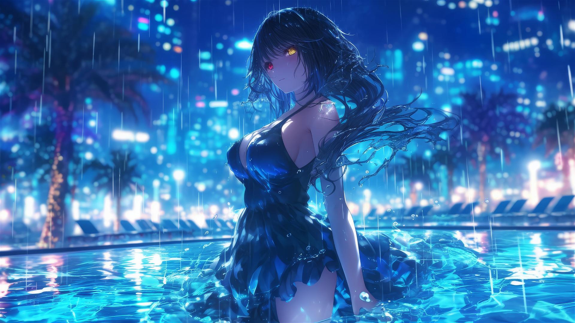 Kurumi Tokisaki stands in a rainy pool, illuminated by moonlight in a white dress.