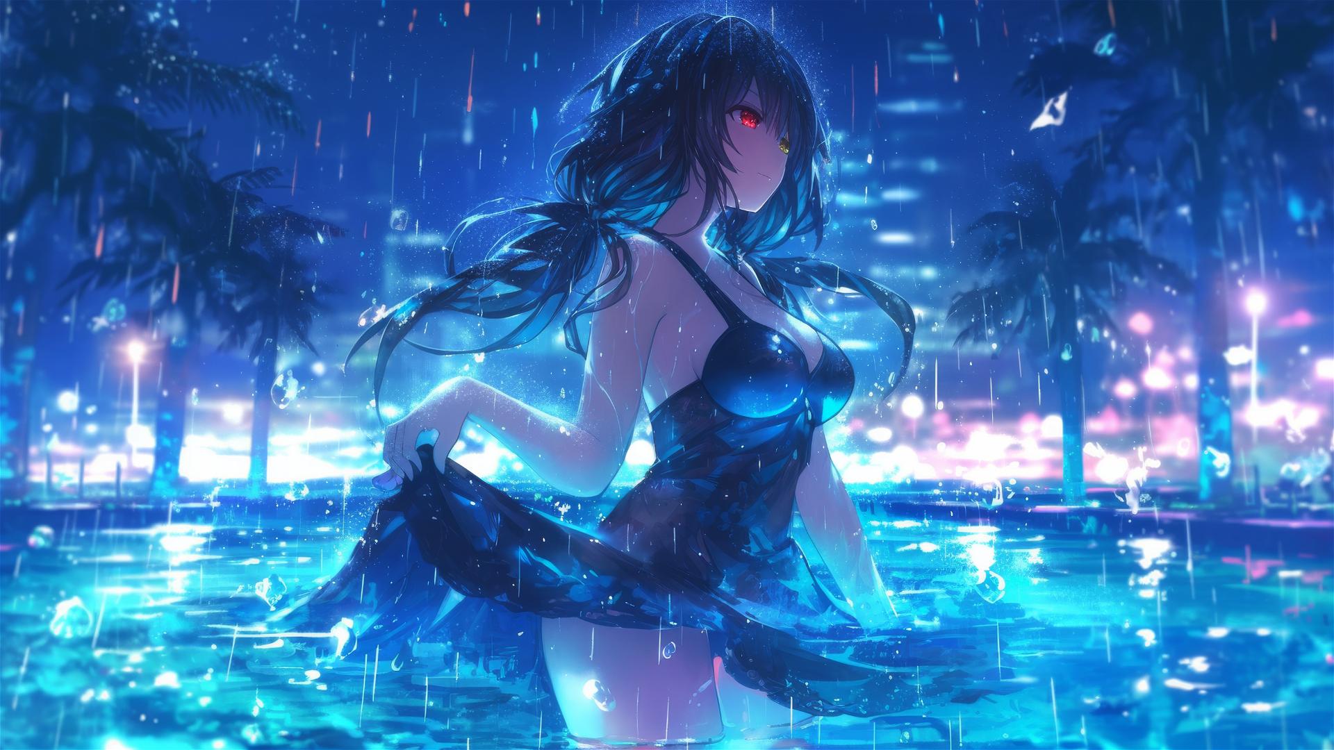Kurumi Tokisaki from Date A Live stands in a rainy swimming pool under moonlight, pure white dress, one red eye, one yellow eye.