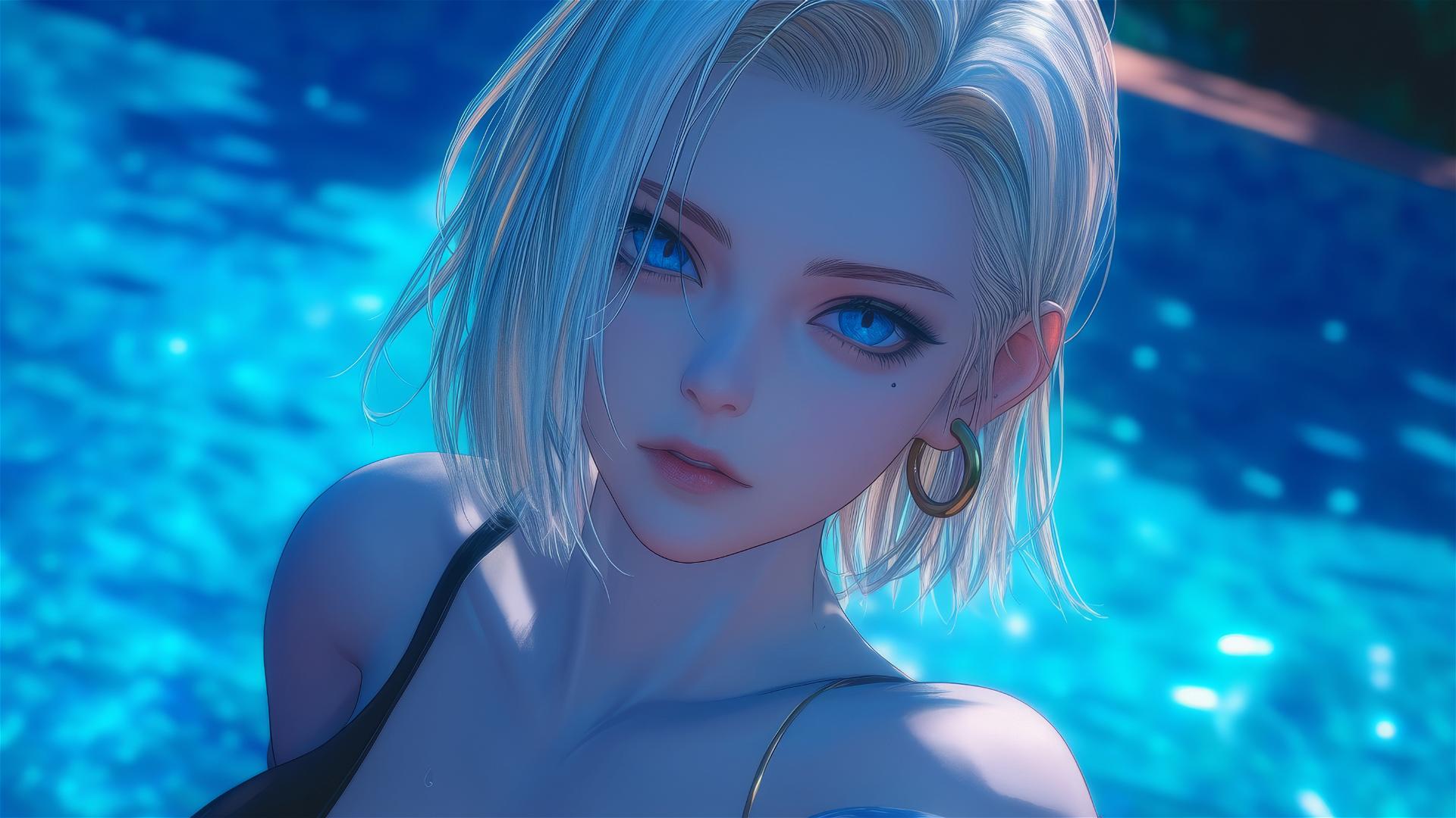 Android 18 resting by a rainy pool under moonlight.