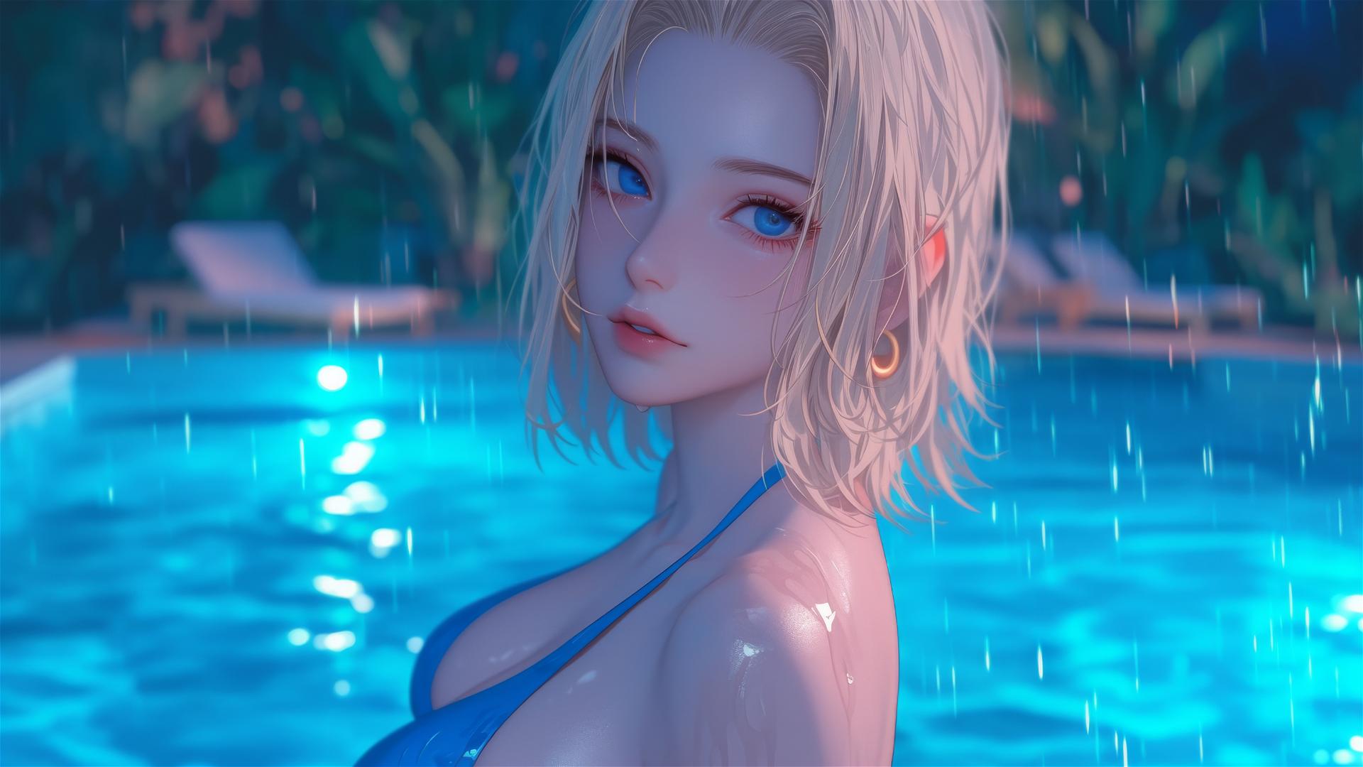 Android 18 from Dragon Ball resting by a rainy swimming pool