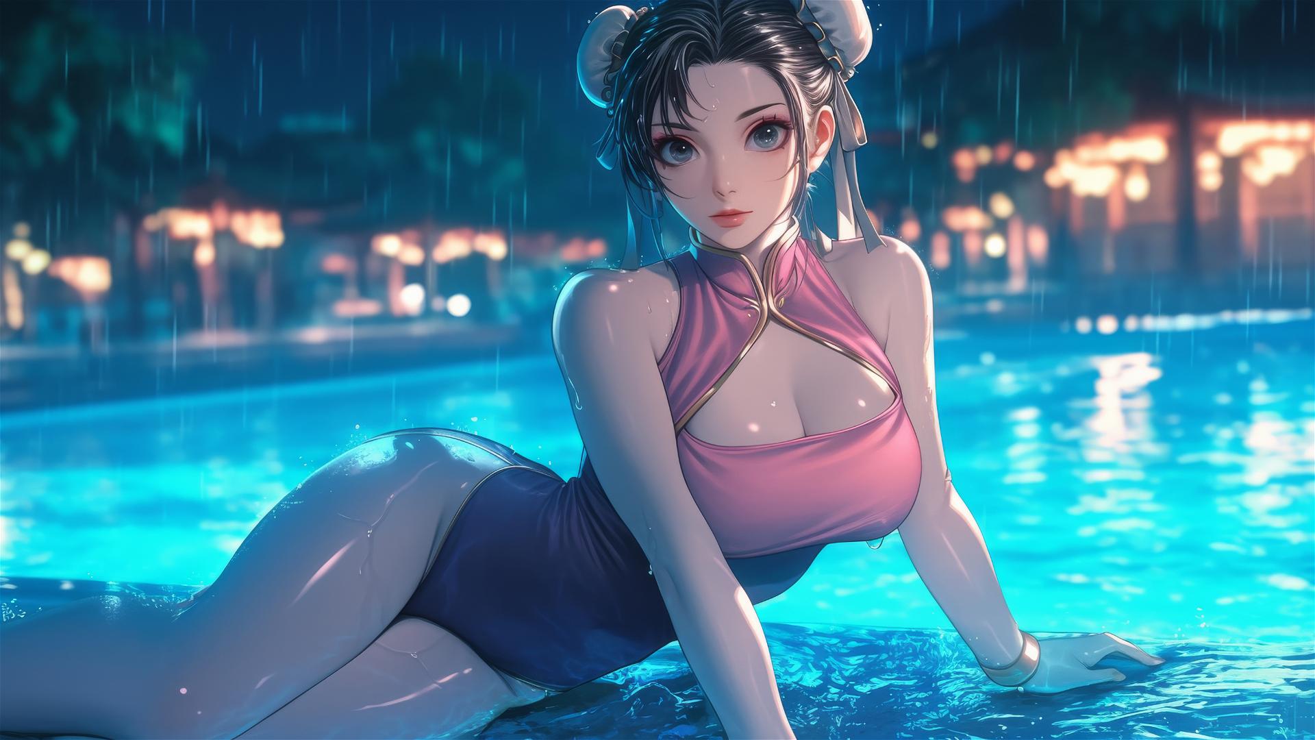 Chun Li in a pink dress rests by a rainy swimming pool with moonlight glow