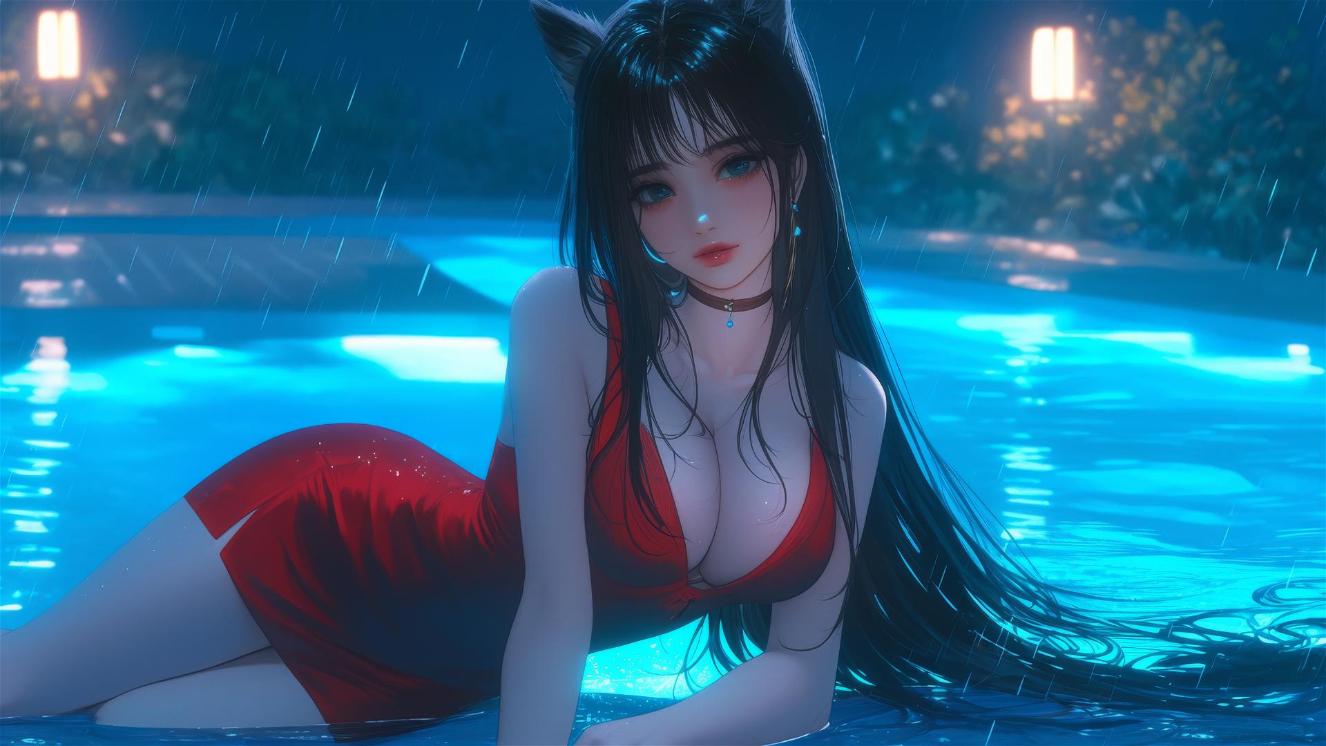 Cat girl in a red dress resting by a rainy pool with moonlight glow