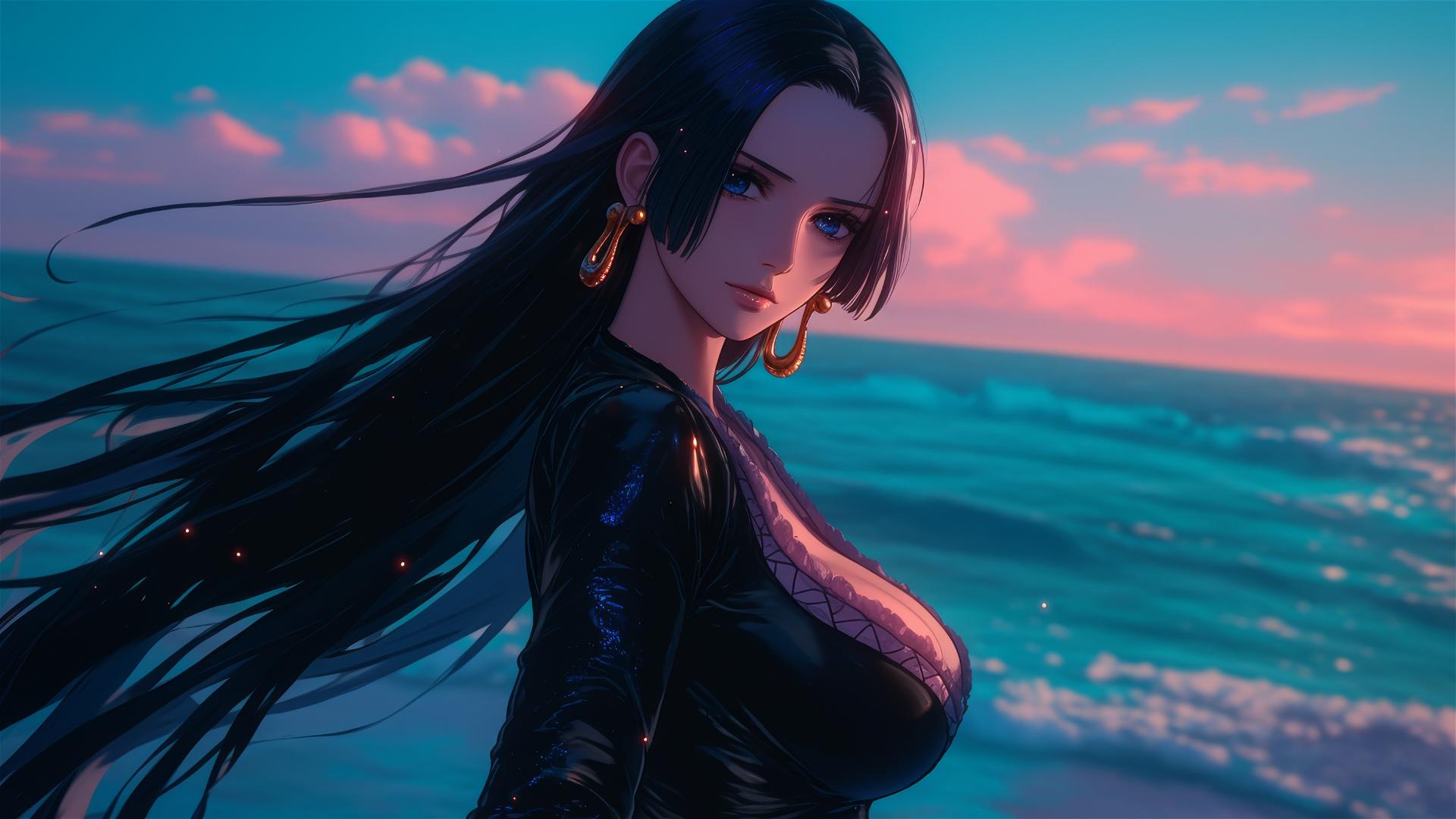 Boa Hancock from One Piece walking on a beach at sunset in black and pink leather outfit