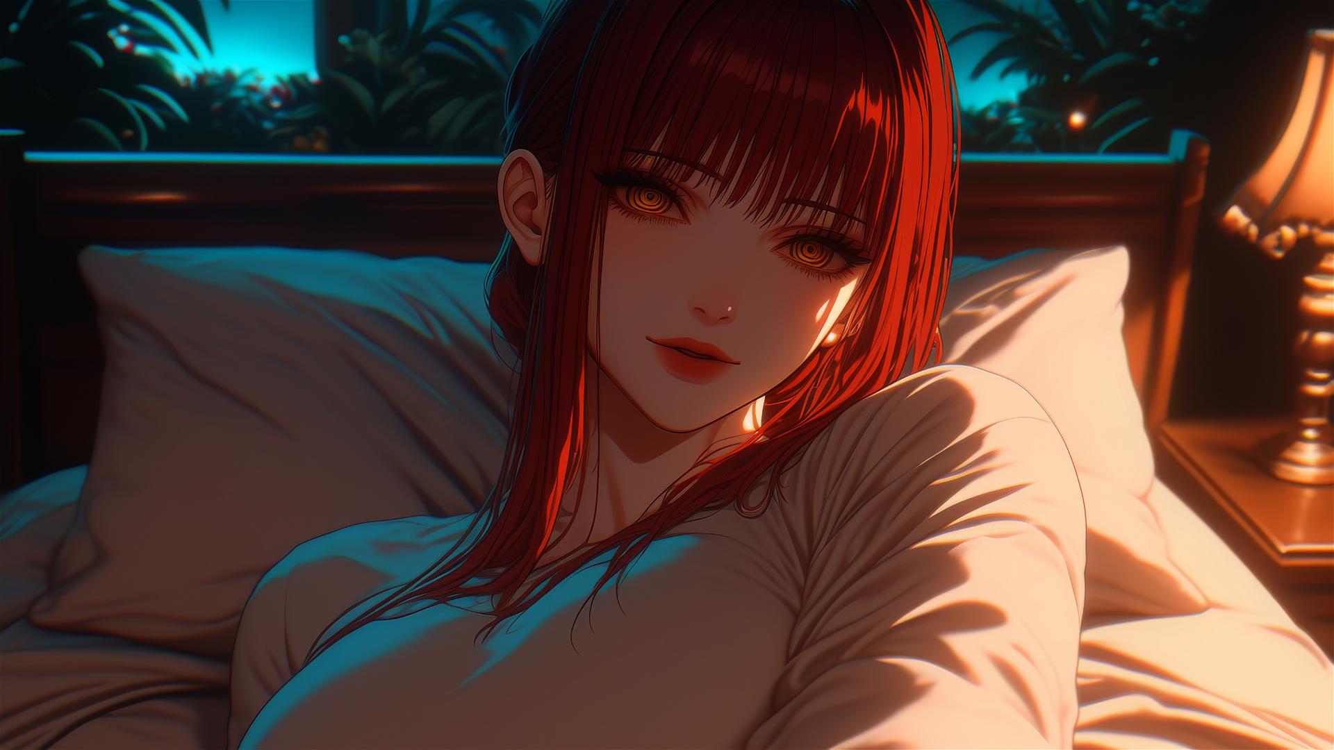 Makima lying in bed, viewed from above, with reddish hair