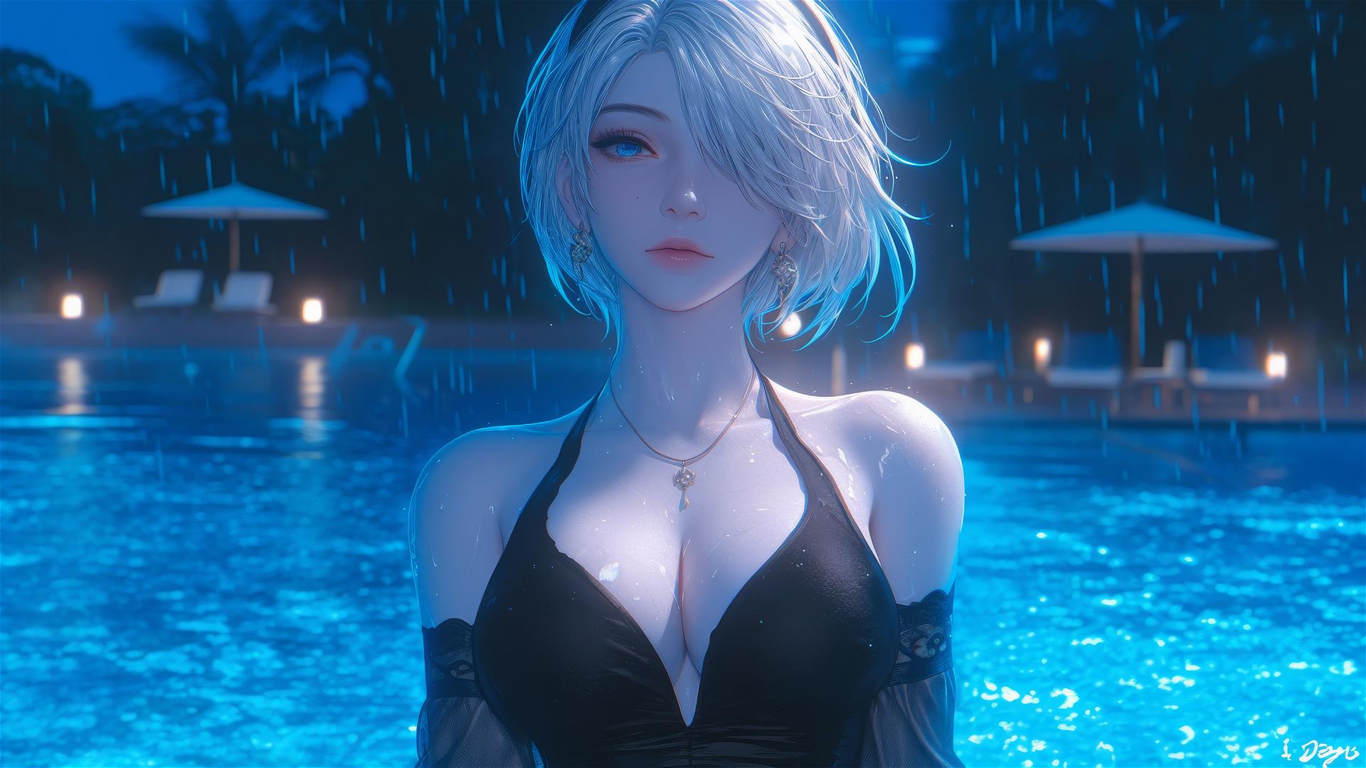 2B from Nier in casual attire, resting by a rainy pool under moonlight