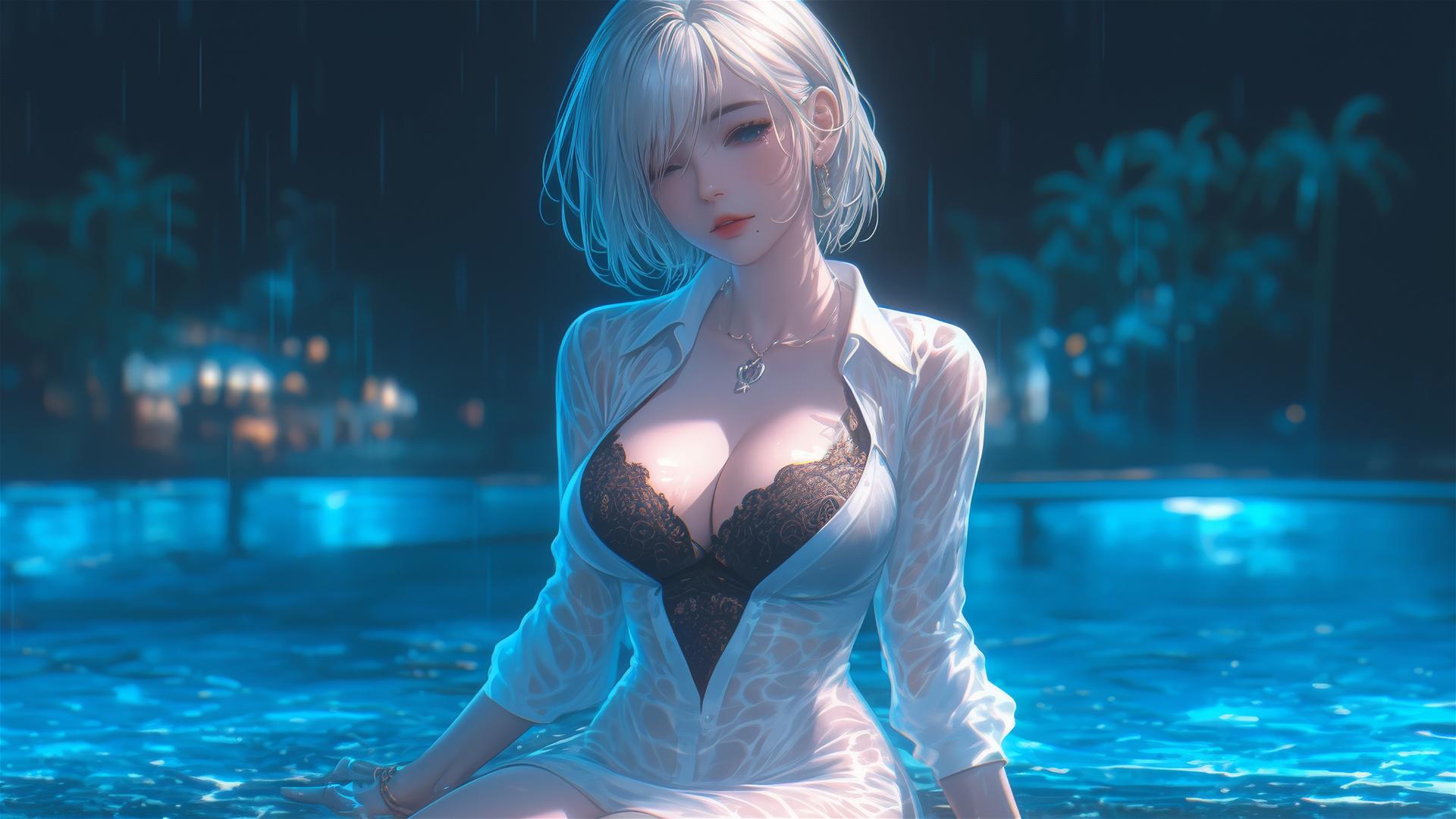 2B from Nier in pure white casual clothing, relaxing by a rainy swimming pool under moonlight