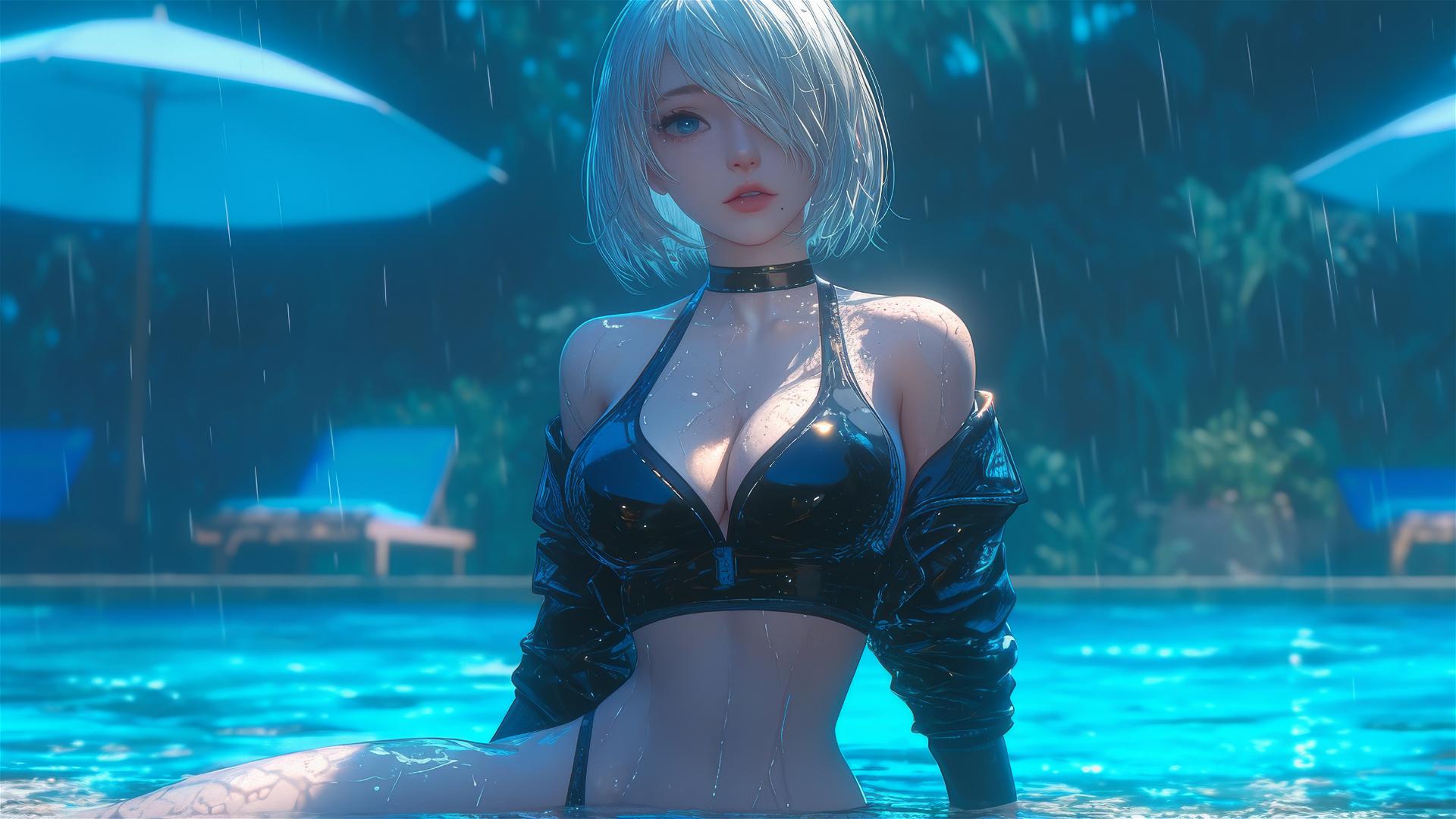 2B from Nier in casual attire, relaxed by a rainy swimming pool under moonlight.