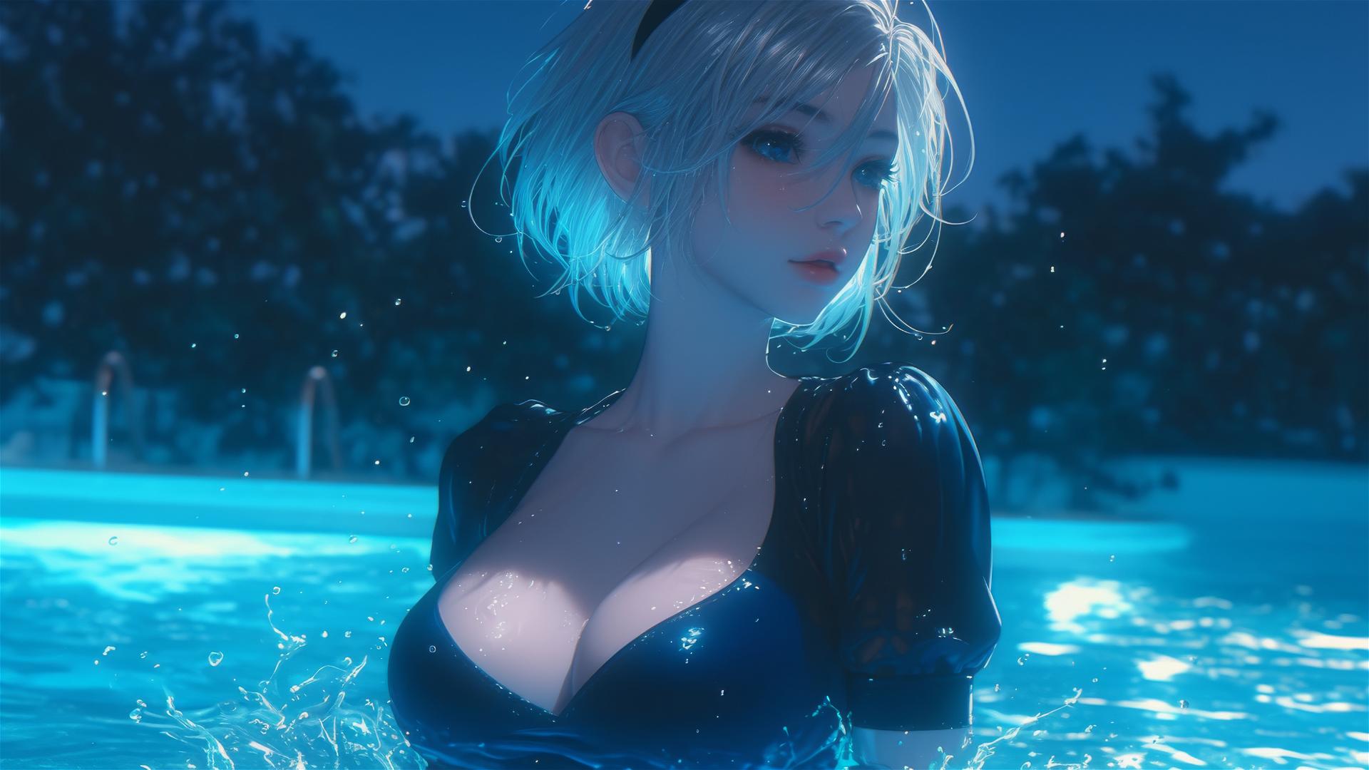 2B from Nier in casual attire sits relaxed by a rainy swimming pool with moonlight highlighting her short hair.