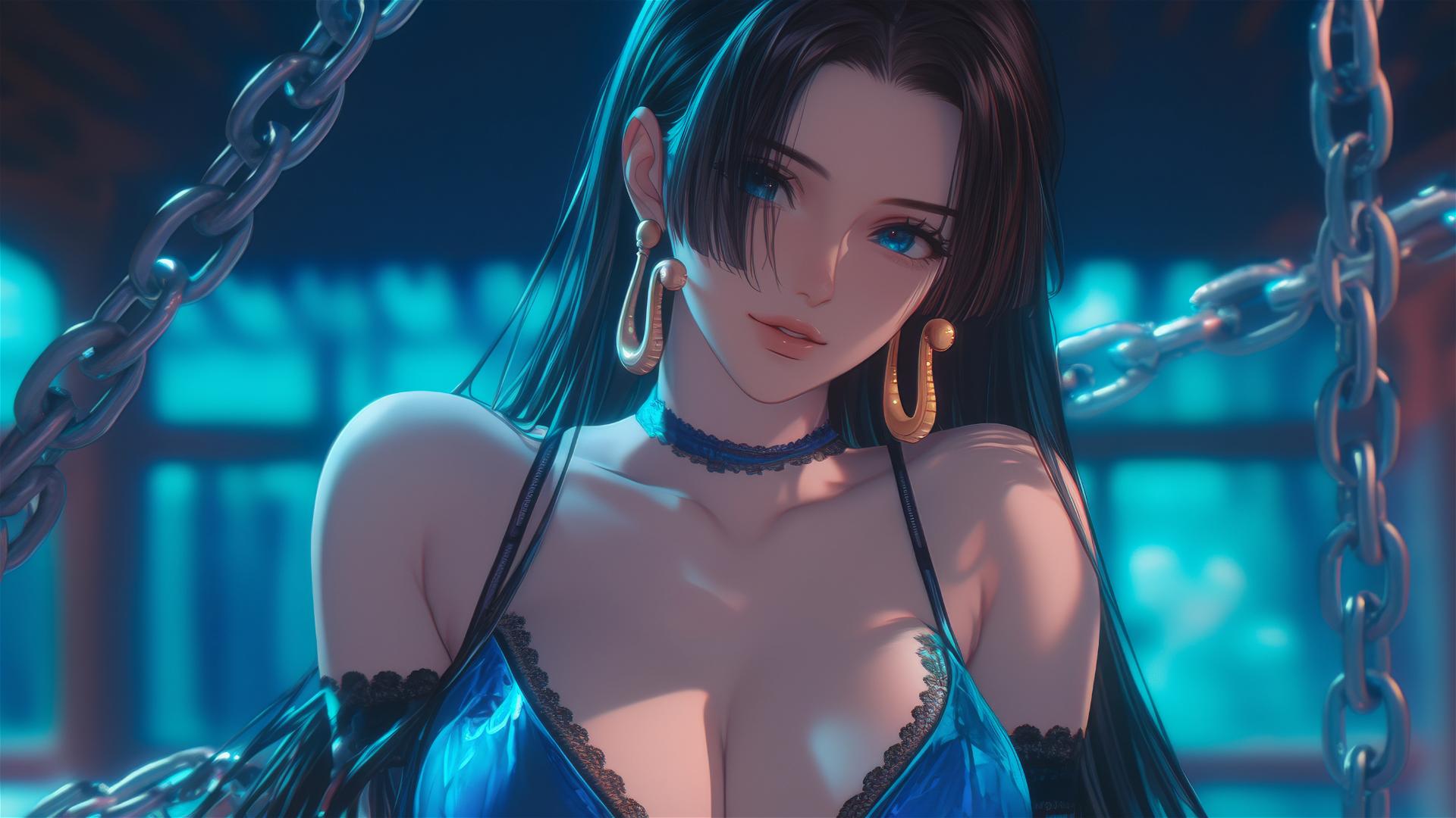 Boa Hancock from One Piece locked with thick iron chains in a modern hotel room under neon lights.