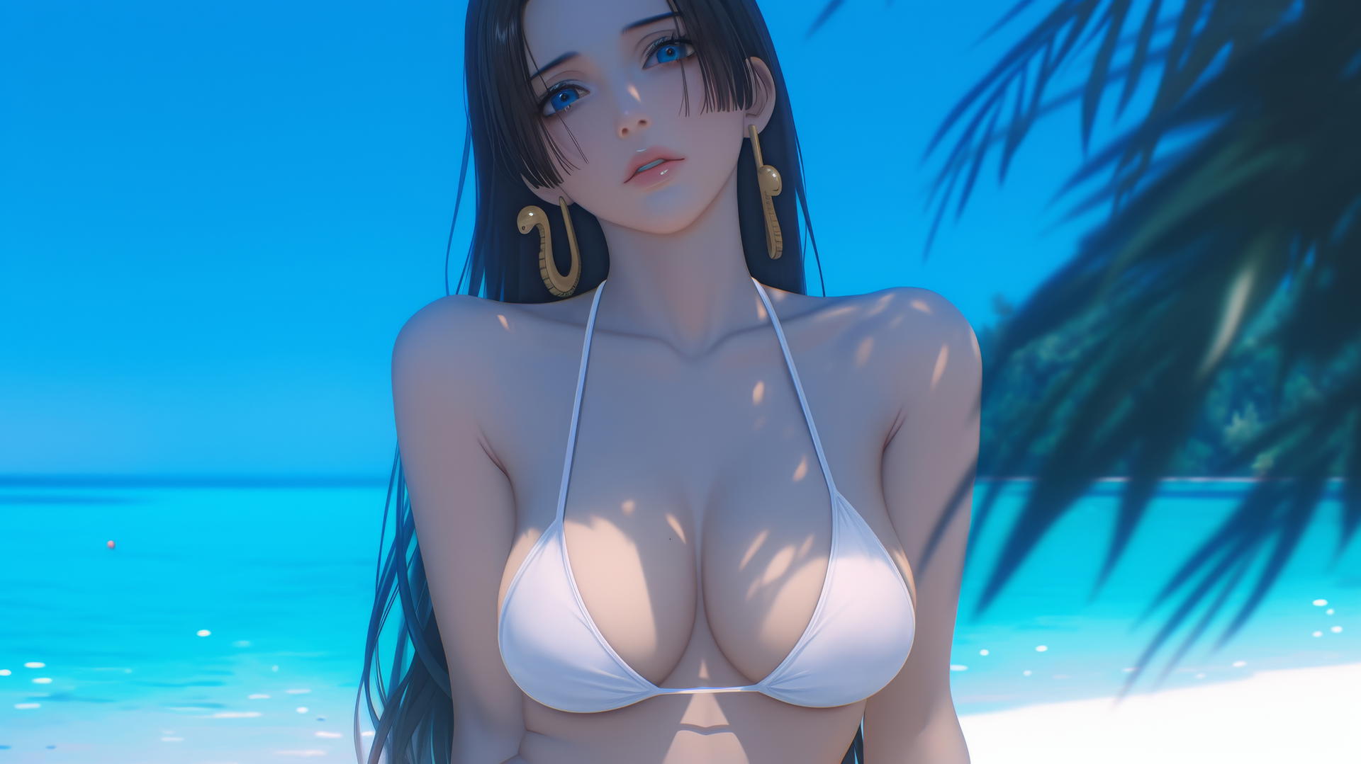 Boa Hancock from One Piece resting at a beach with warm light glowing on her.