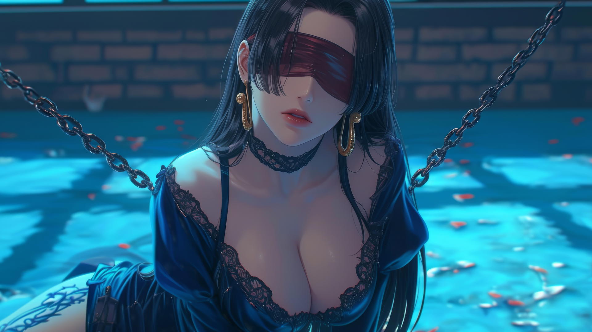 Boa Hancock from One Piece, kneeling, blindfolded in neon-lit hotel room