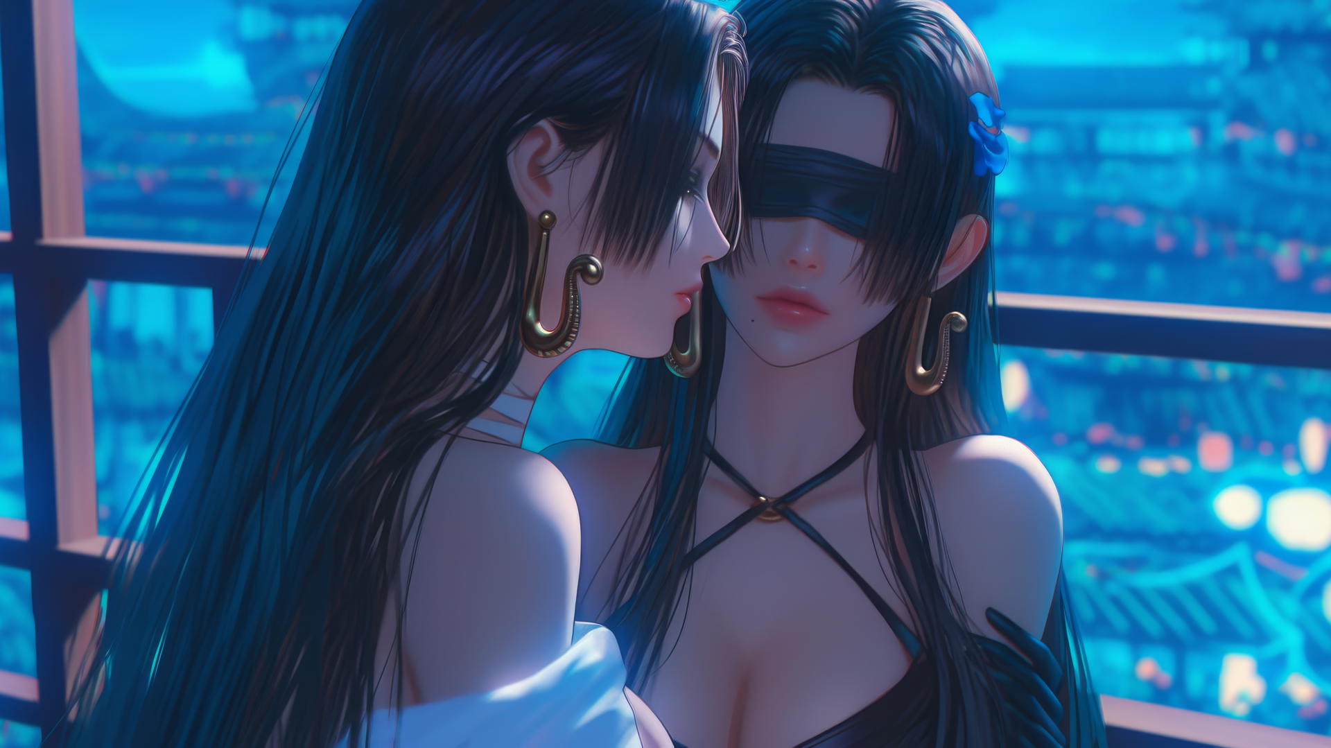 Boa Hancock kneeling with a blindfold in a neon-lit hotel room