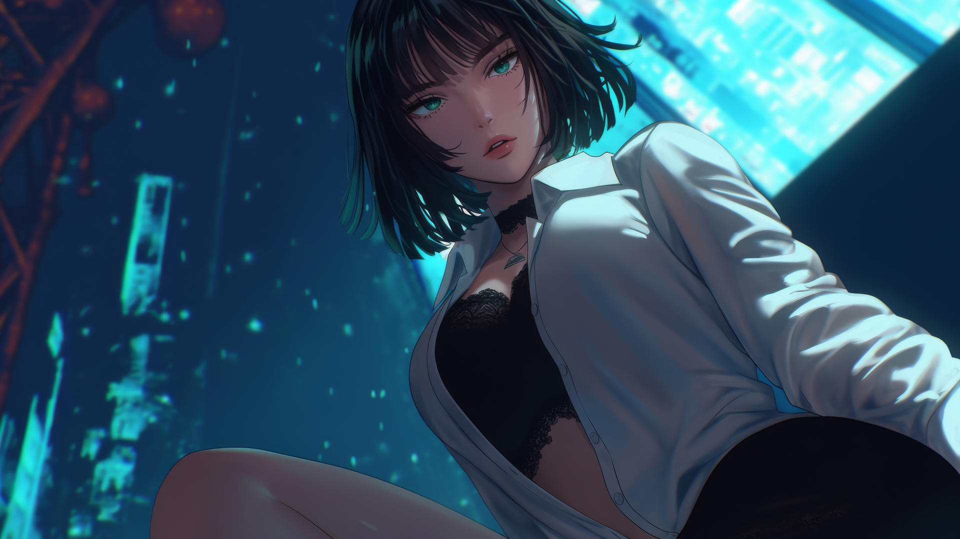Fubuki from One Punch Man, wearing white office shirt, kneeling with hands across shoulders under hotel ceiling with neon lights.