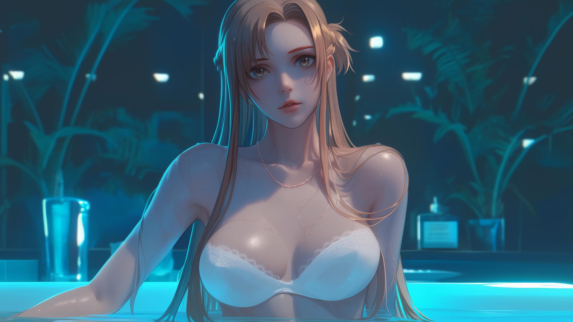 Asuna from Sword Art Online in modern hotel room with neon light