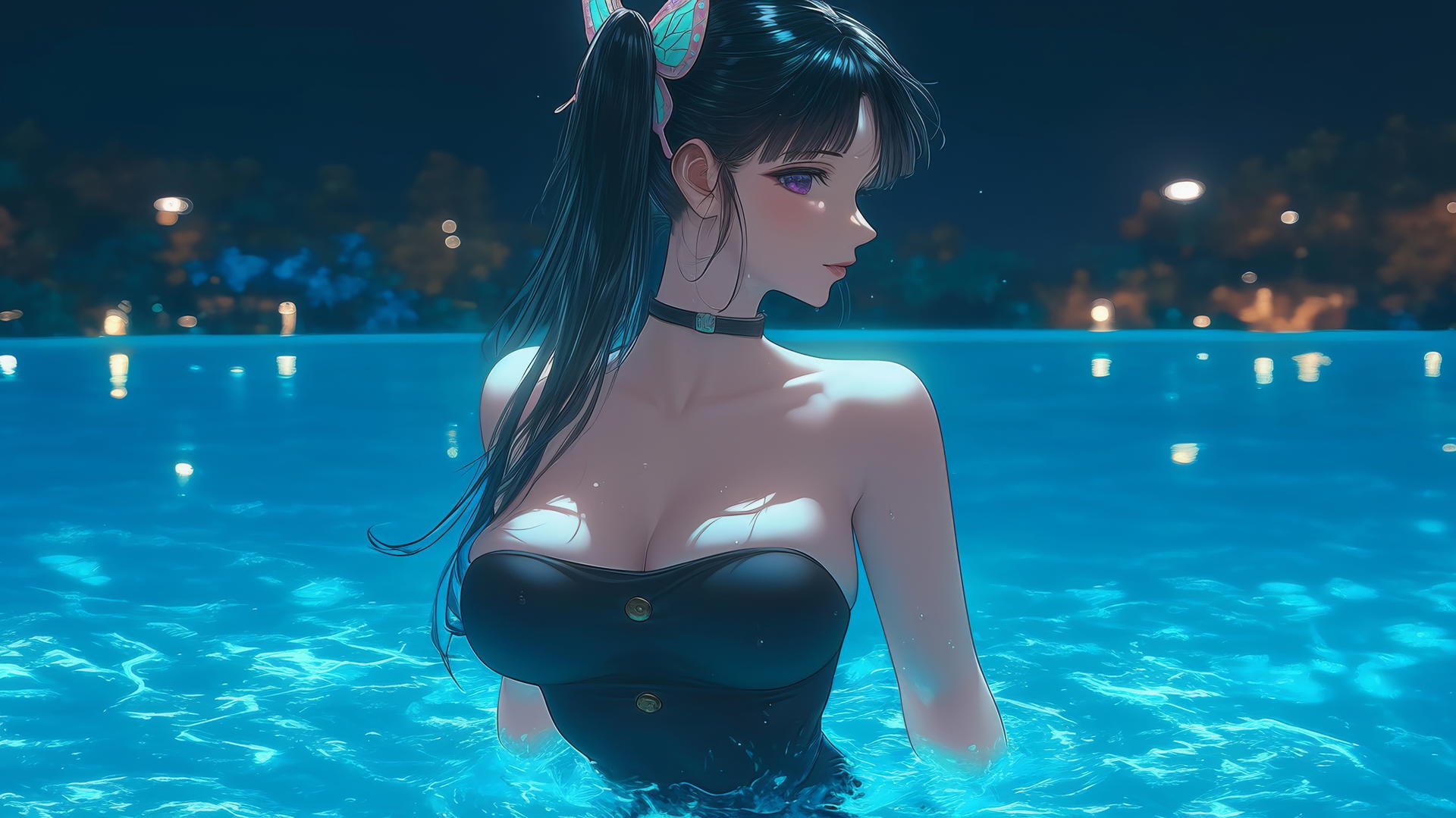 Kanao Tsuyuri jumps out of swimming pool under moonlight, dark lilac eyes