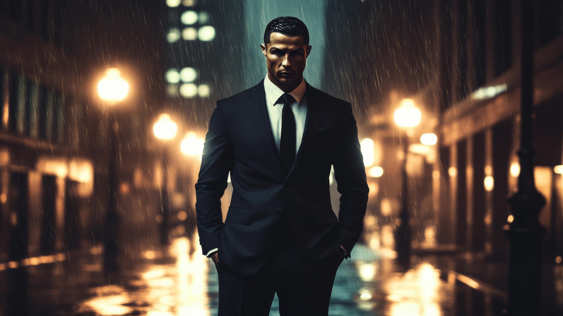Cool Ronaldo wallpaper: Cristiano Ronaldo under streetlights with a dark city skyline.