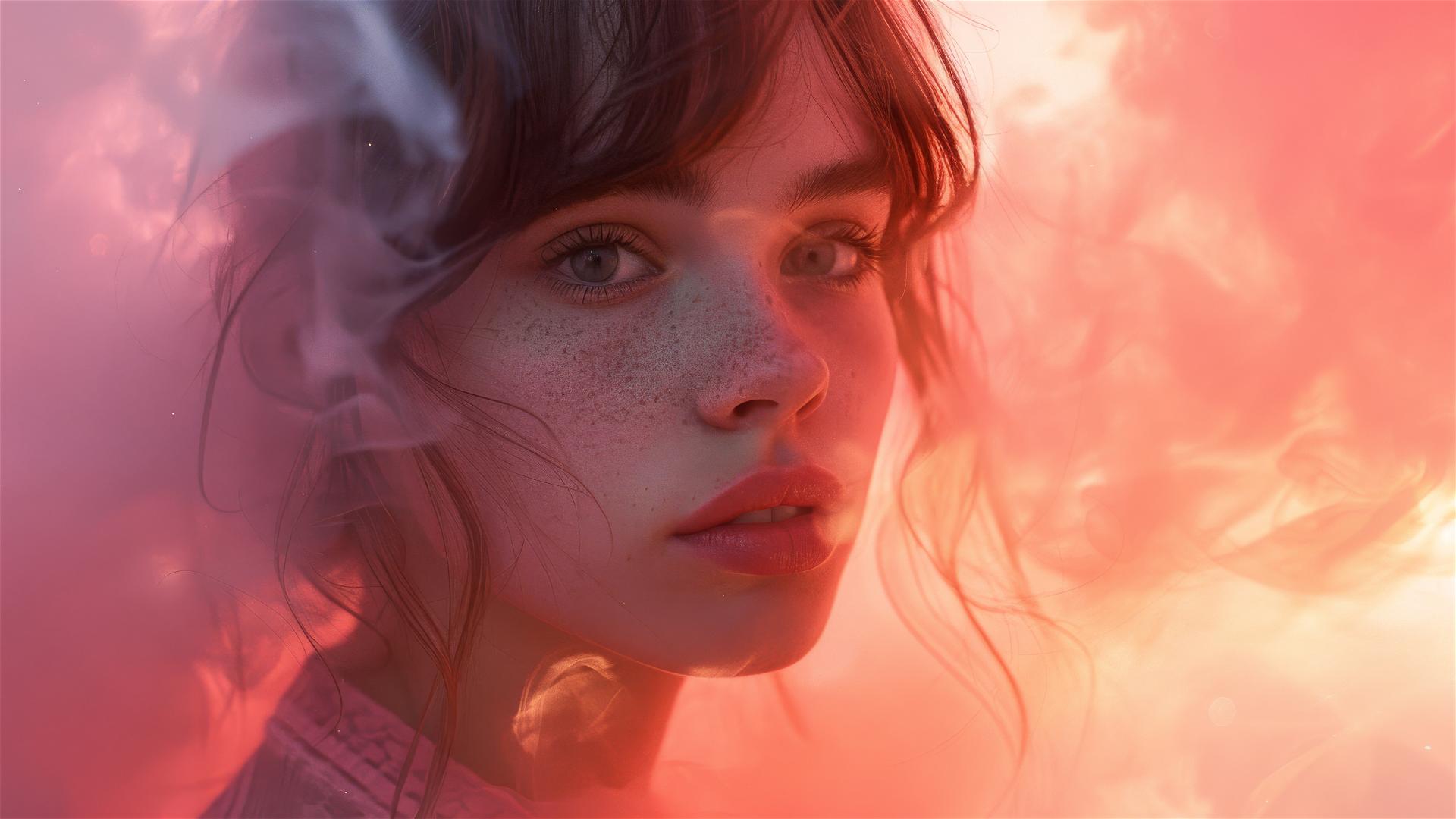 Woman in pink smoke, soft light, 35mm film portrait