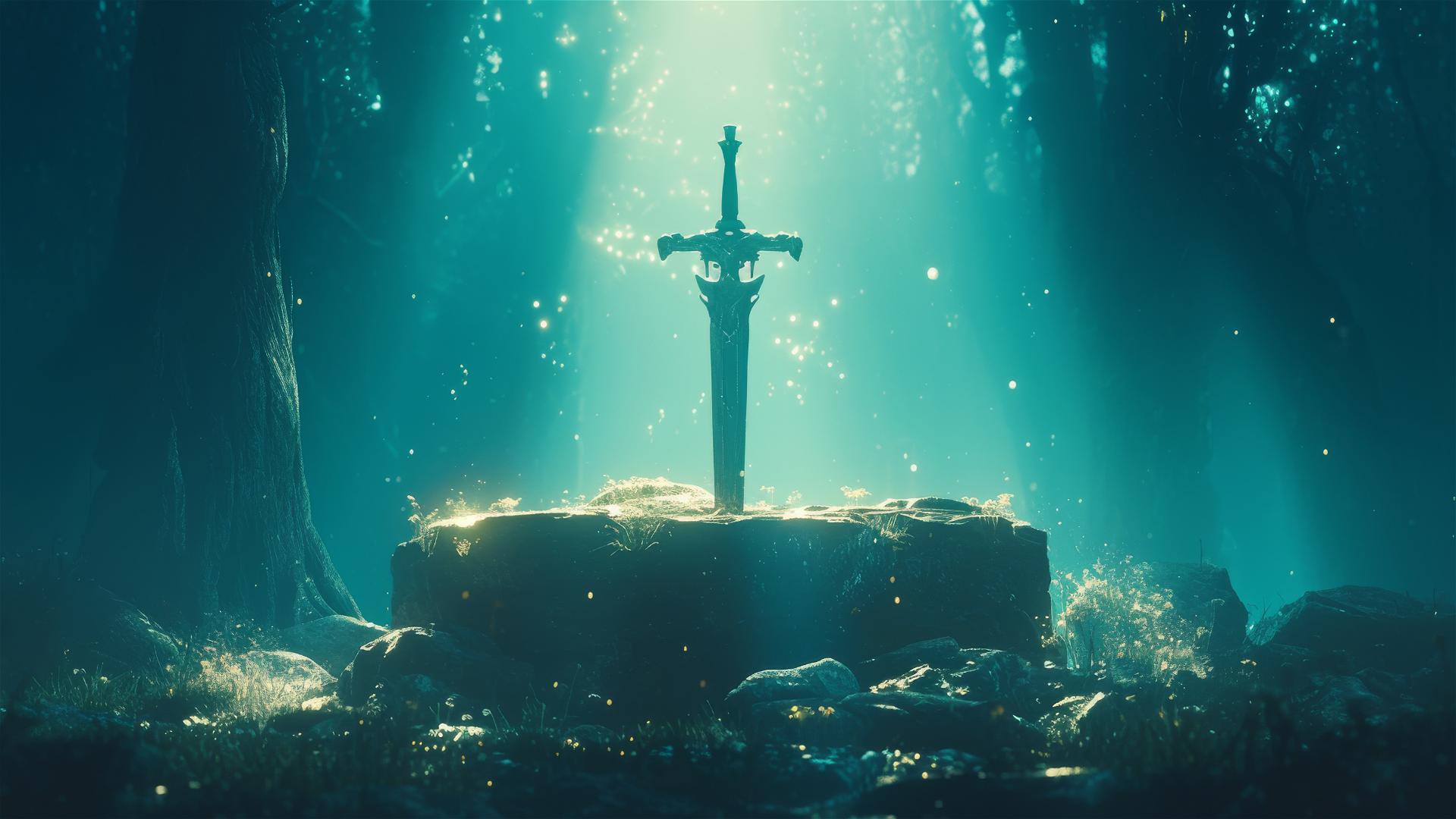 Double-edged sword on altar with faint glow and cinematic lighting.