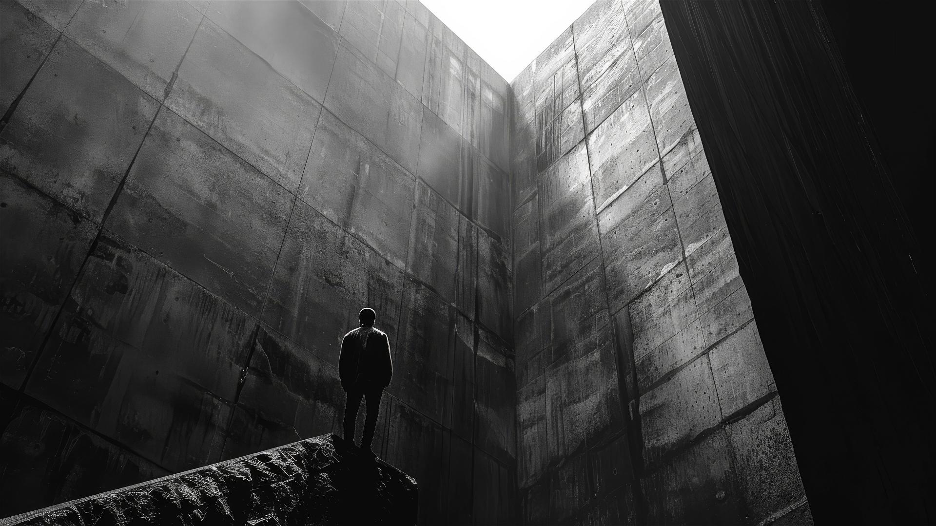 Man tiny against vast brutalist concrete wall, dramatic lighting, mist.