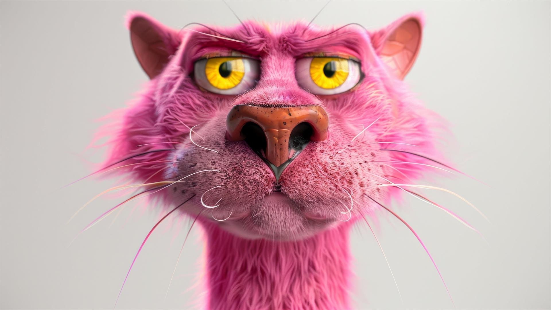3D Pink Panther with yellow eyes, white background