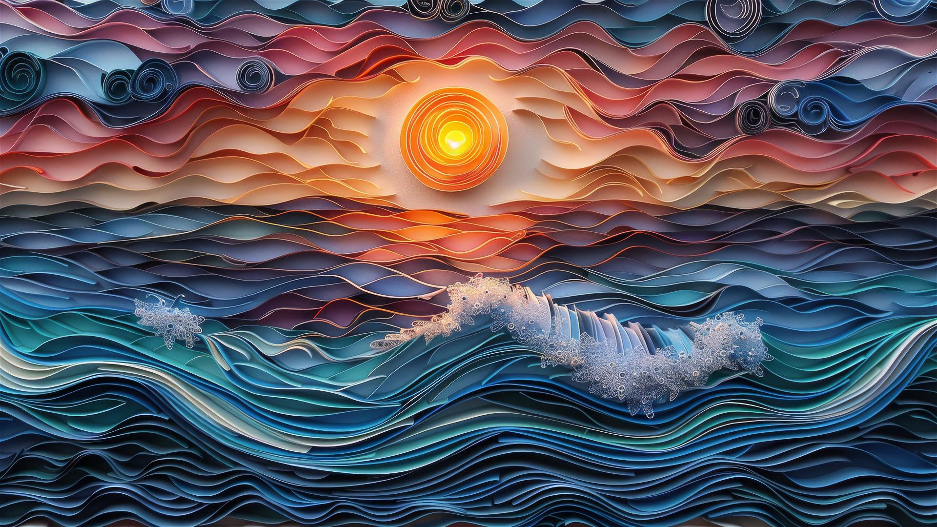Paper quilling artwork of a sea sunset.