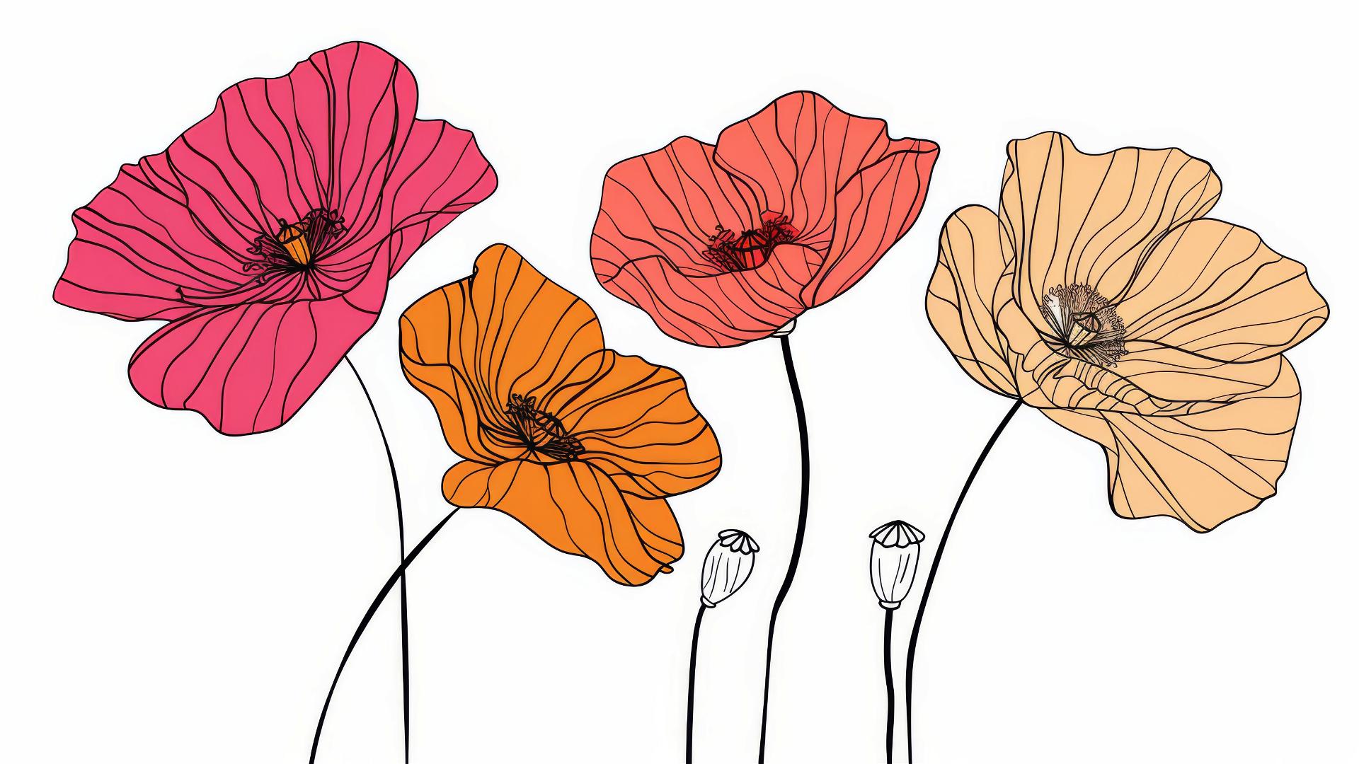 Minimalist poppy flowers in red, orange, pink, white background