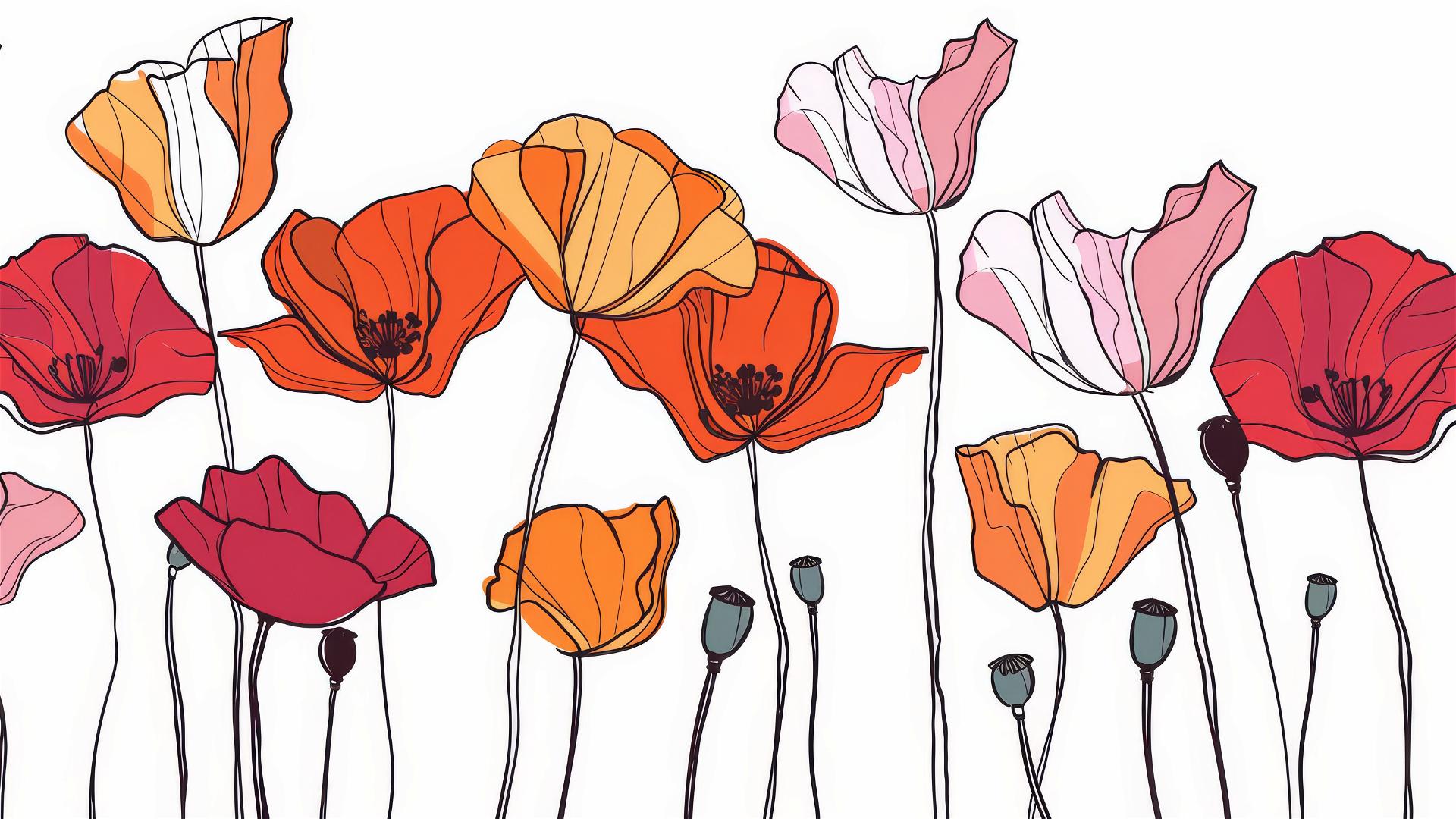 Minimalist poppy flowers in red, orange, pink, white background
