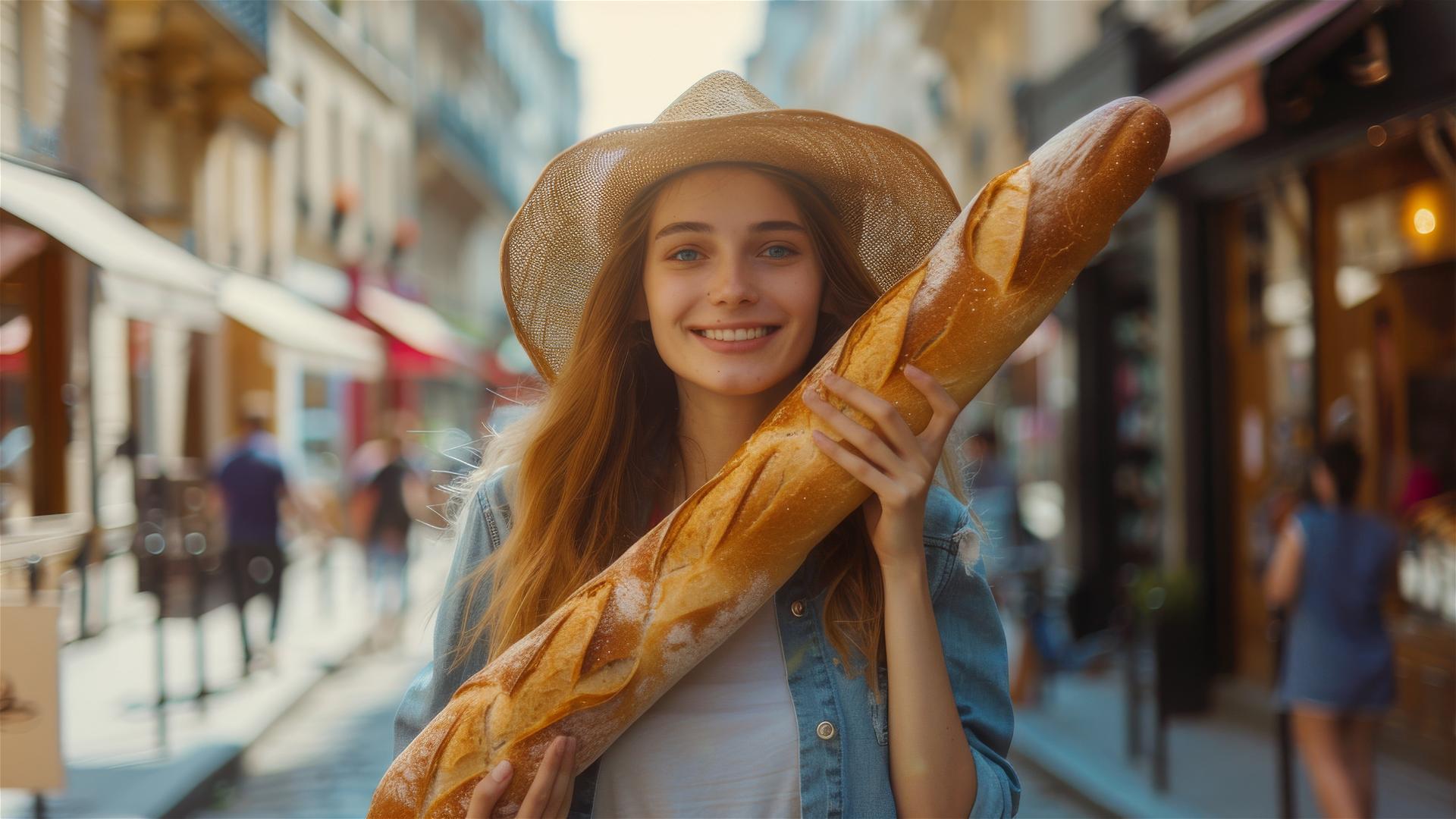 Woman in Paris with a 3m baguette, summer 2023