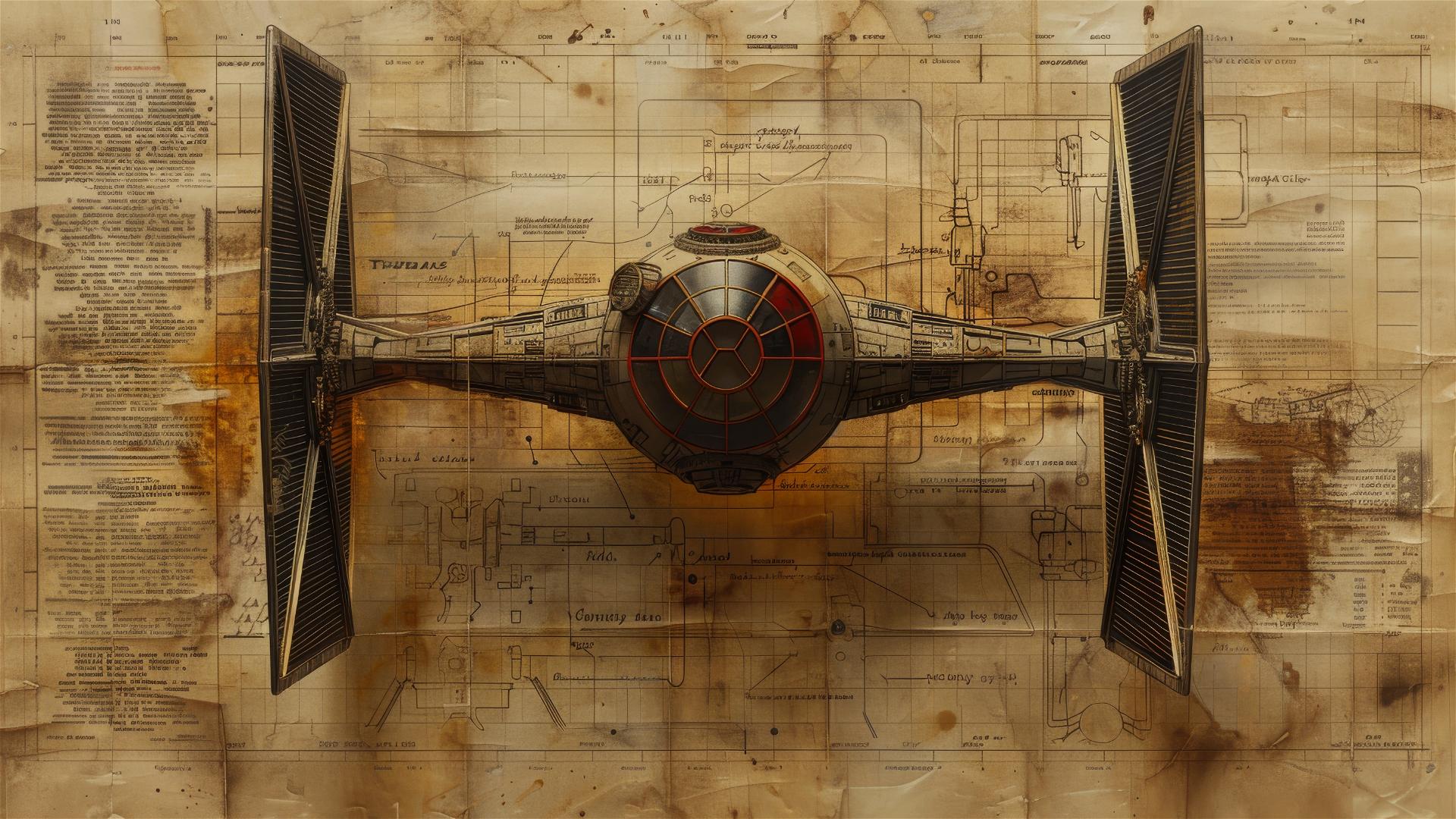 Da Vinci-inspired TIE fighter sketch with Latin annotations on sepia paper.