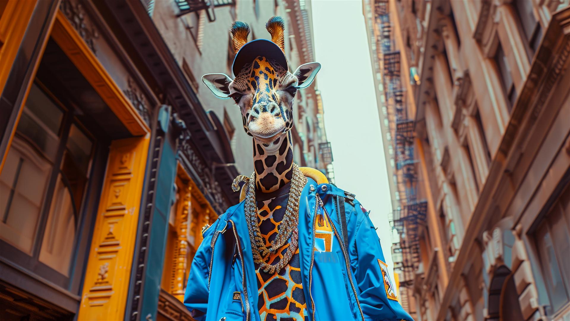 Anthropomorphic giraffe in 80s hip-hop style on NYC street