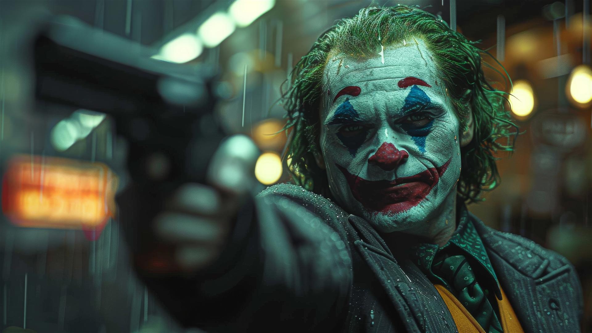 The Joker in Nike attire robbing a Gotham bank with a joker gun.