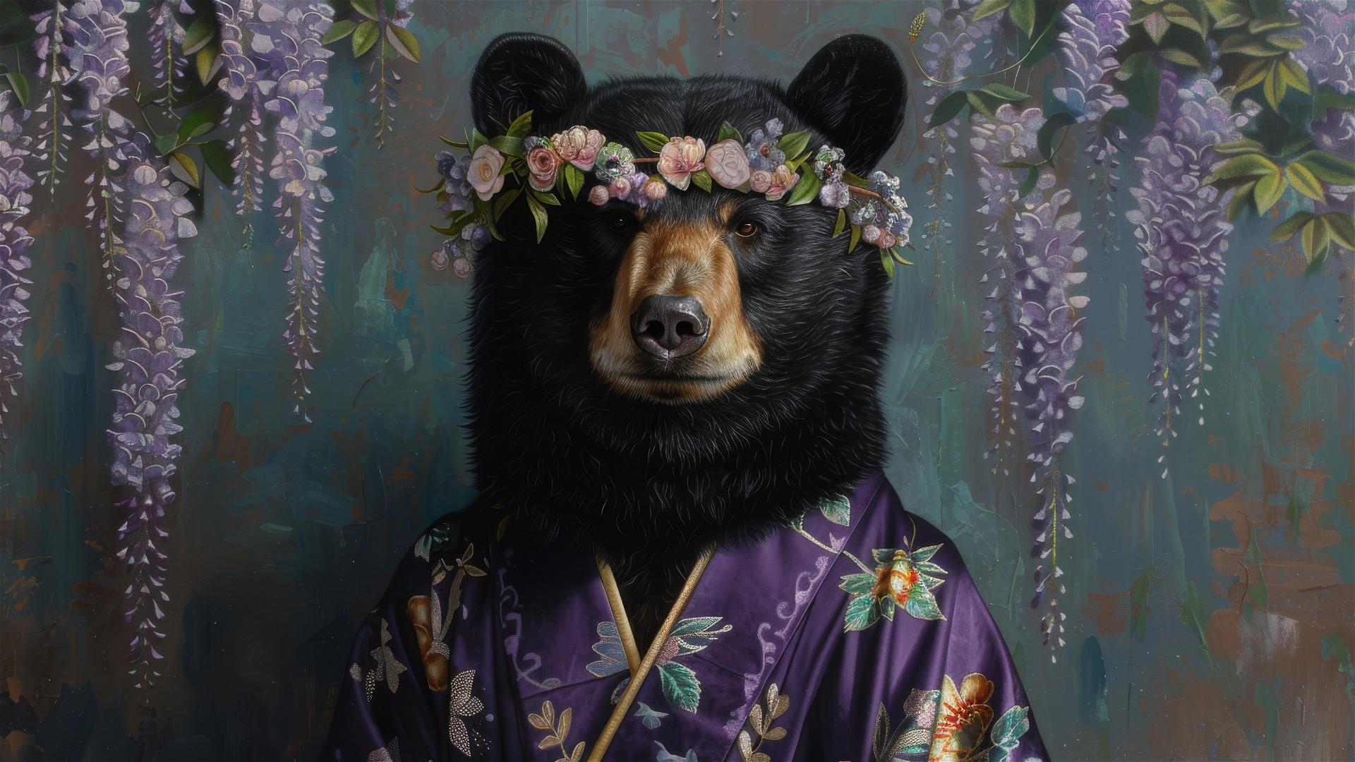 Black bear in purple wisteria kimono with floral wreath, vintage background