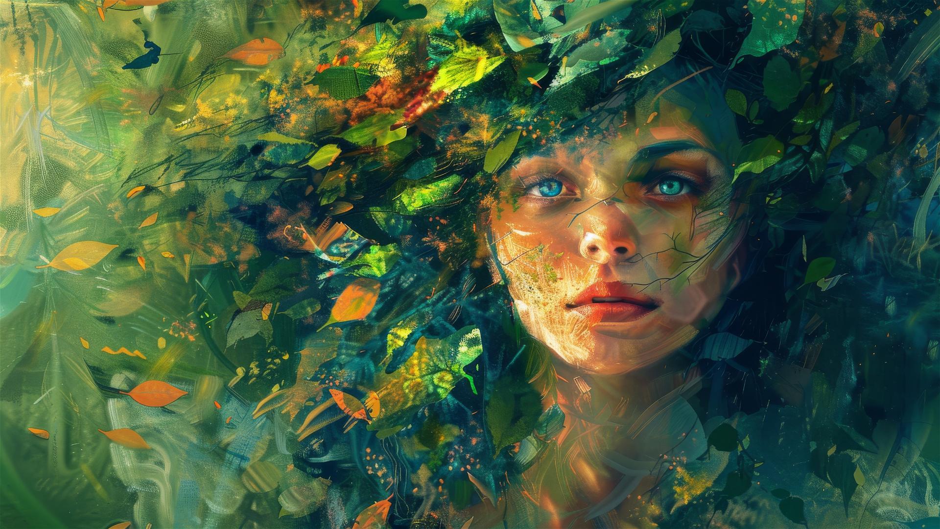 Abstract oil painting depicting a woman amidst leaves.