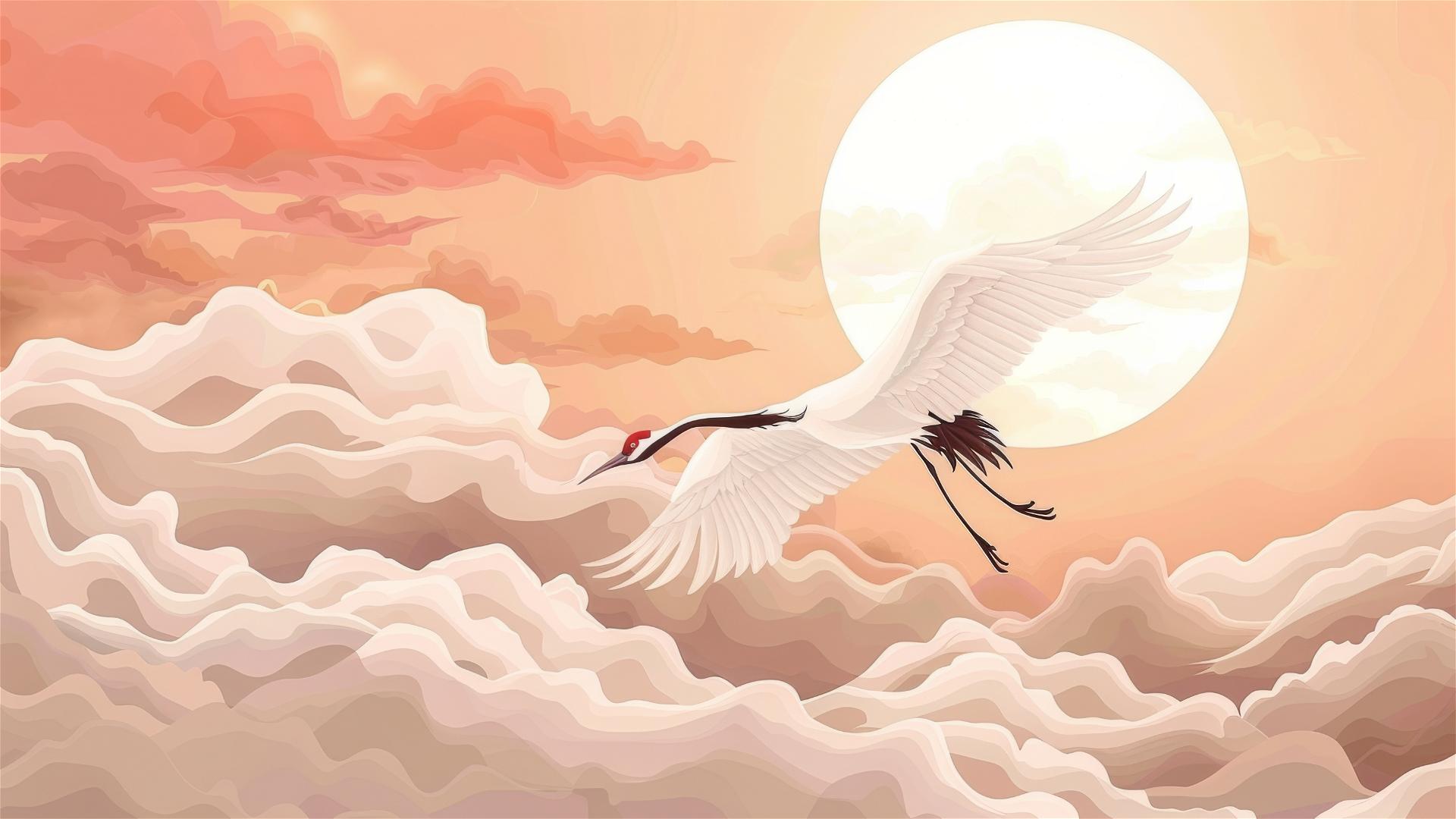 Chinese style illustration of a crane flying among detailed cloud patterns with ruyi and symmetric back patterns.