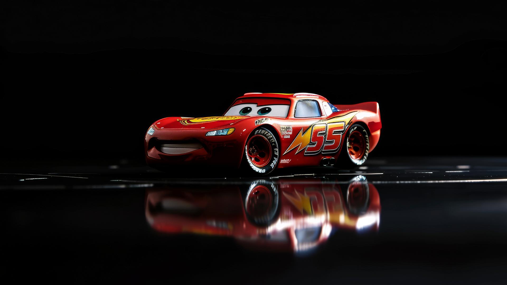 Pixar-style Lightning McQueen against dark backdrop, 3/4 view