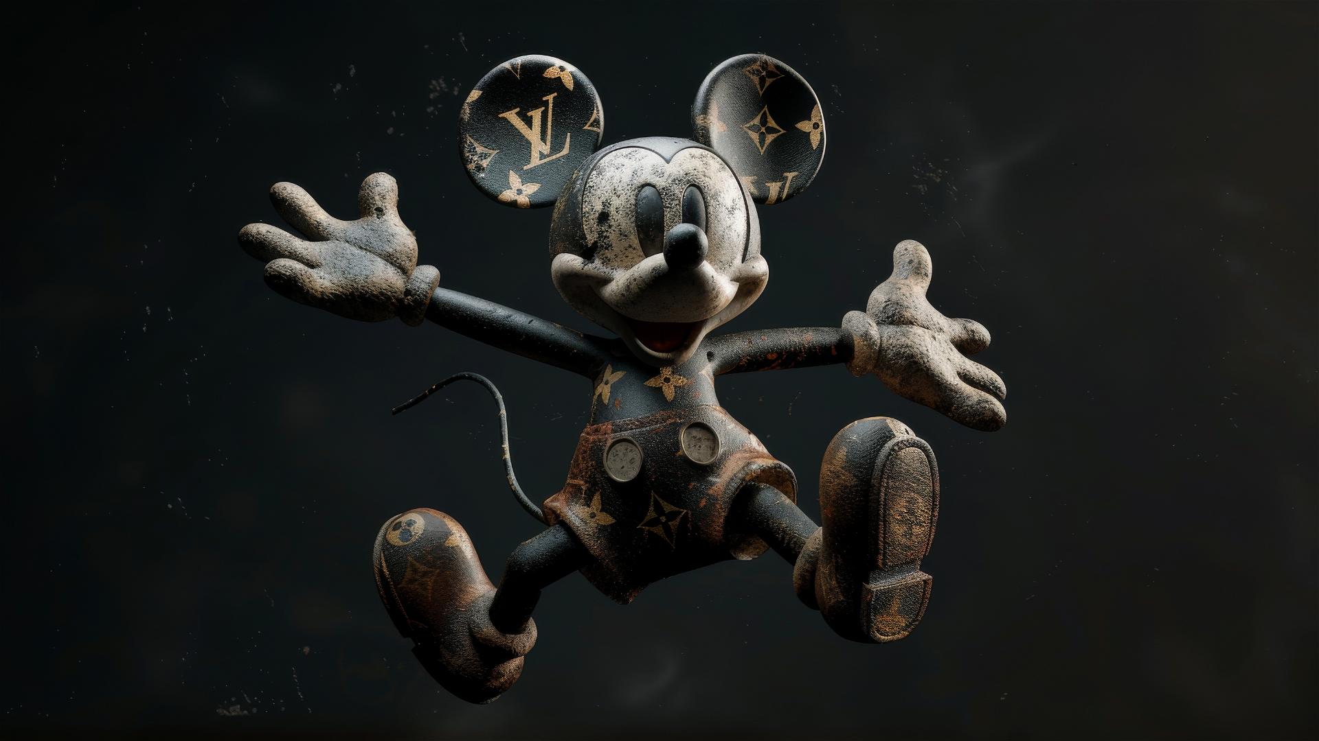 Mickey Mouse stone figure with LV pattern and KAWS eyes mid-jump in dark studio