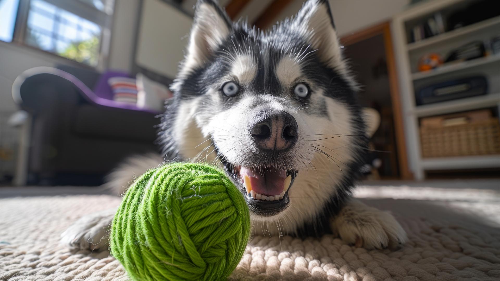Happy husky playing with green knitting ball in natural light