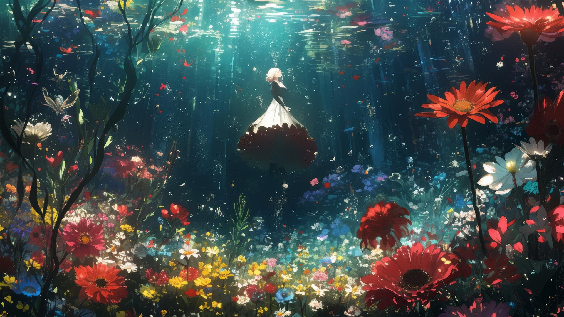Woman in white dress floating in an underwater garden with gigantic flowers.