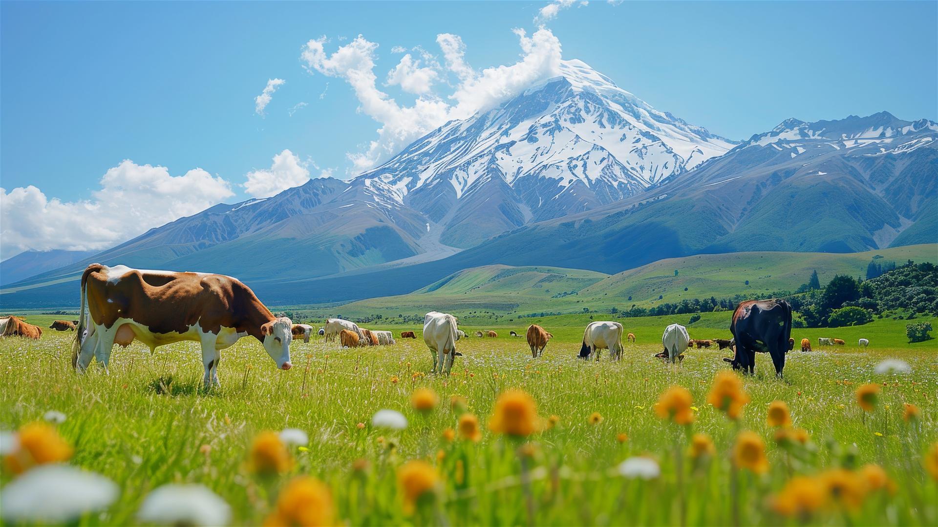 New Zealand scenery with snow mountains, pastures, and Jersey Cattle