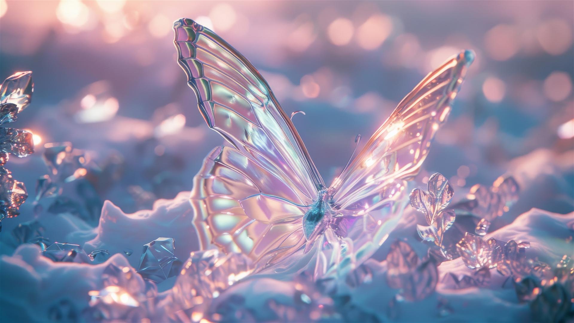 Cinema4D styled crystal butterfly with light, foam, and metallic ethereal details in ice blue, silver, lavender, and pale gold.