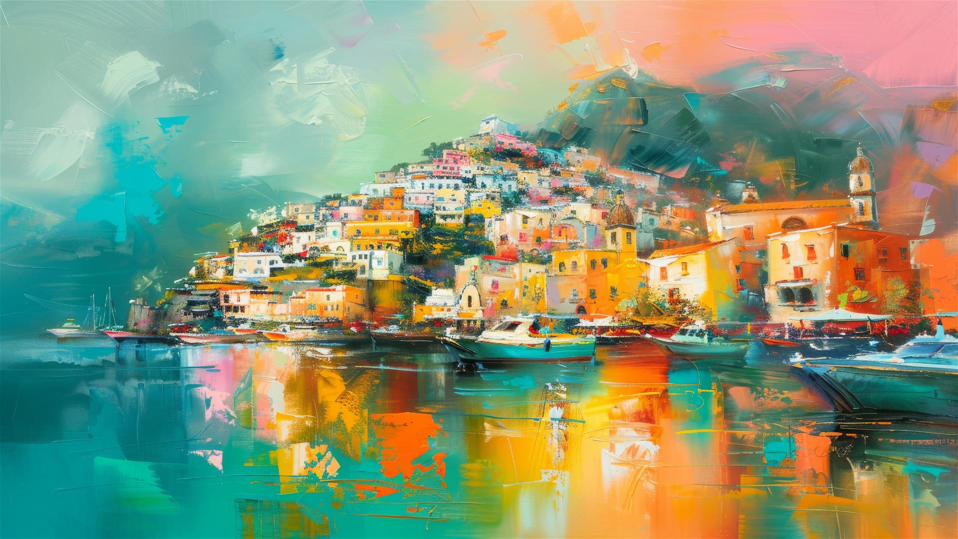 Abstract Amalfi Coast painting with neon splashes and gold accents