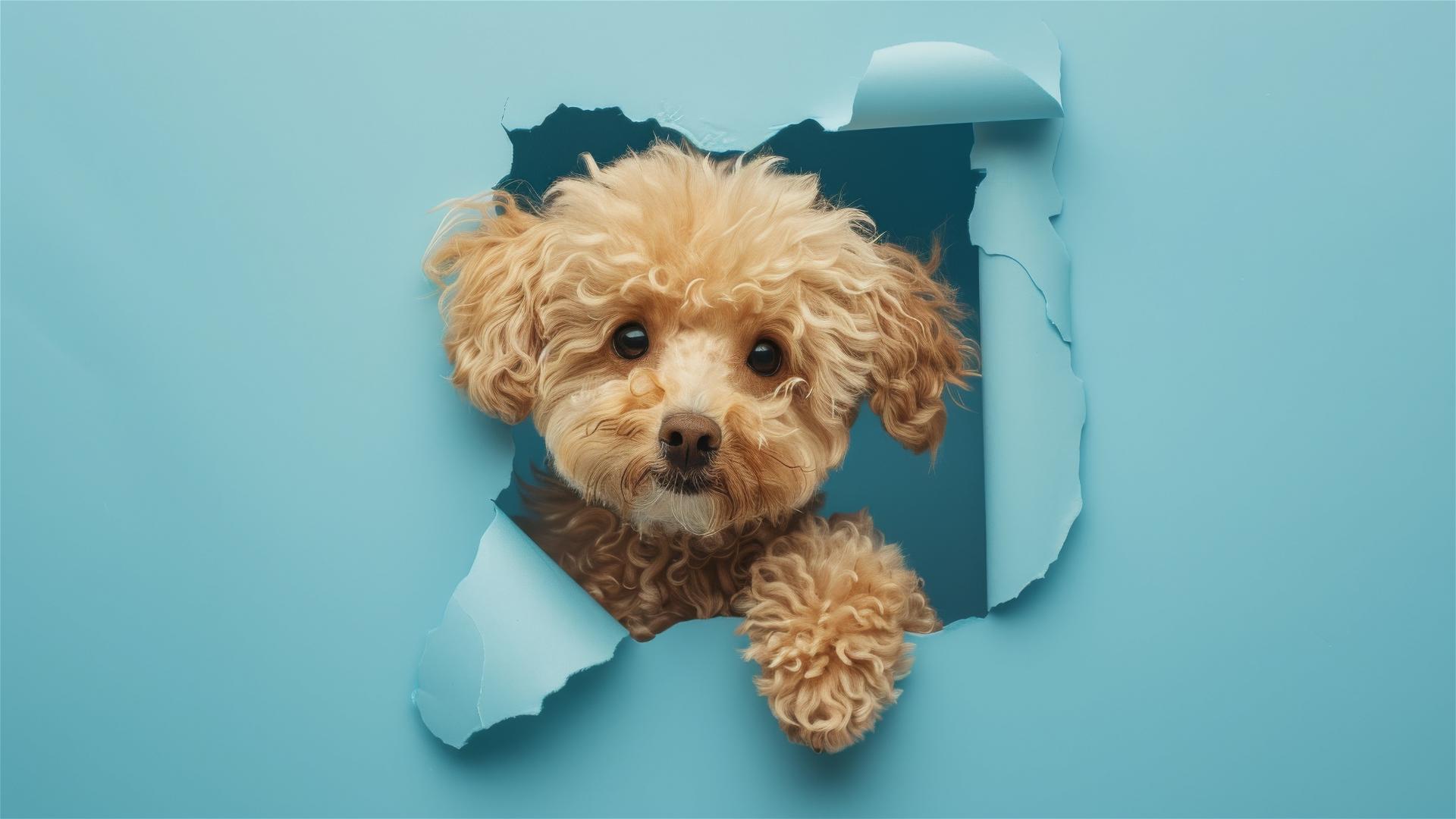 Teacup Poodle peeking through a hole in sky blue paper