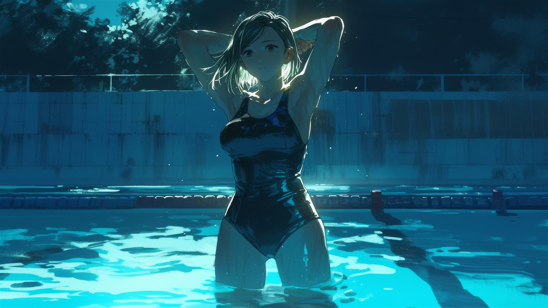 Nobara Kugisaki from Jujutsu Kaisen standing in a pool under moonlight