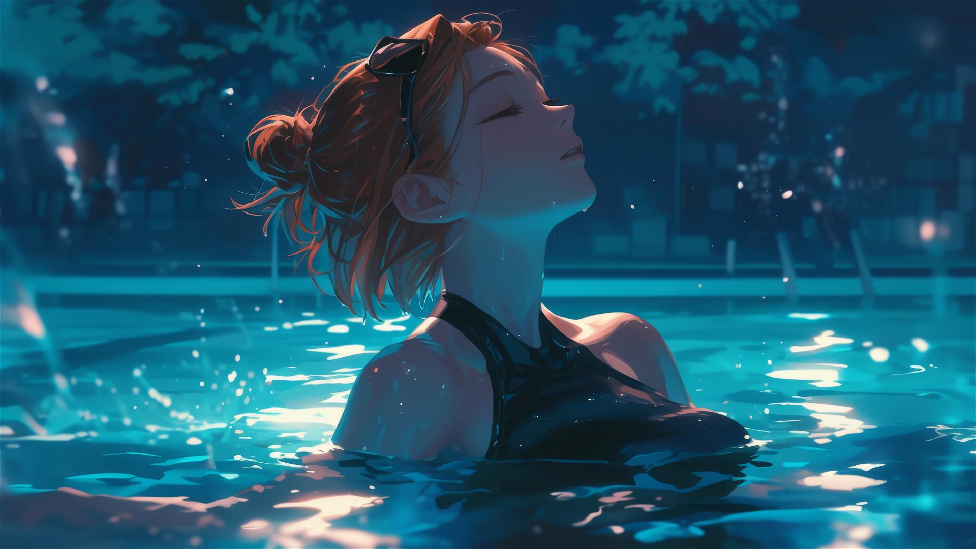 Nobara Kugisaki from Jujutsu Kaisen standing in pool under moonlight