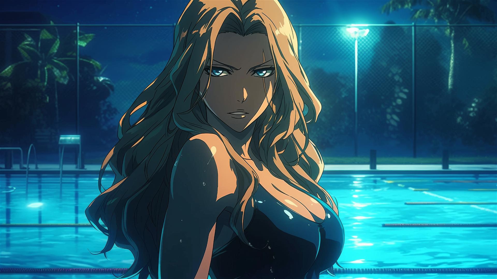 Rangiku Matsumoto from Bleach standing in a pool under moonlight