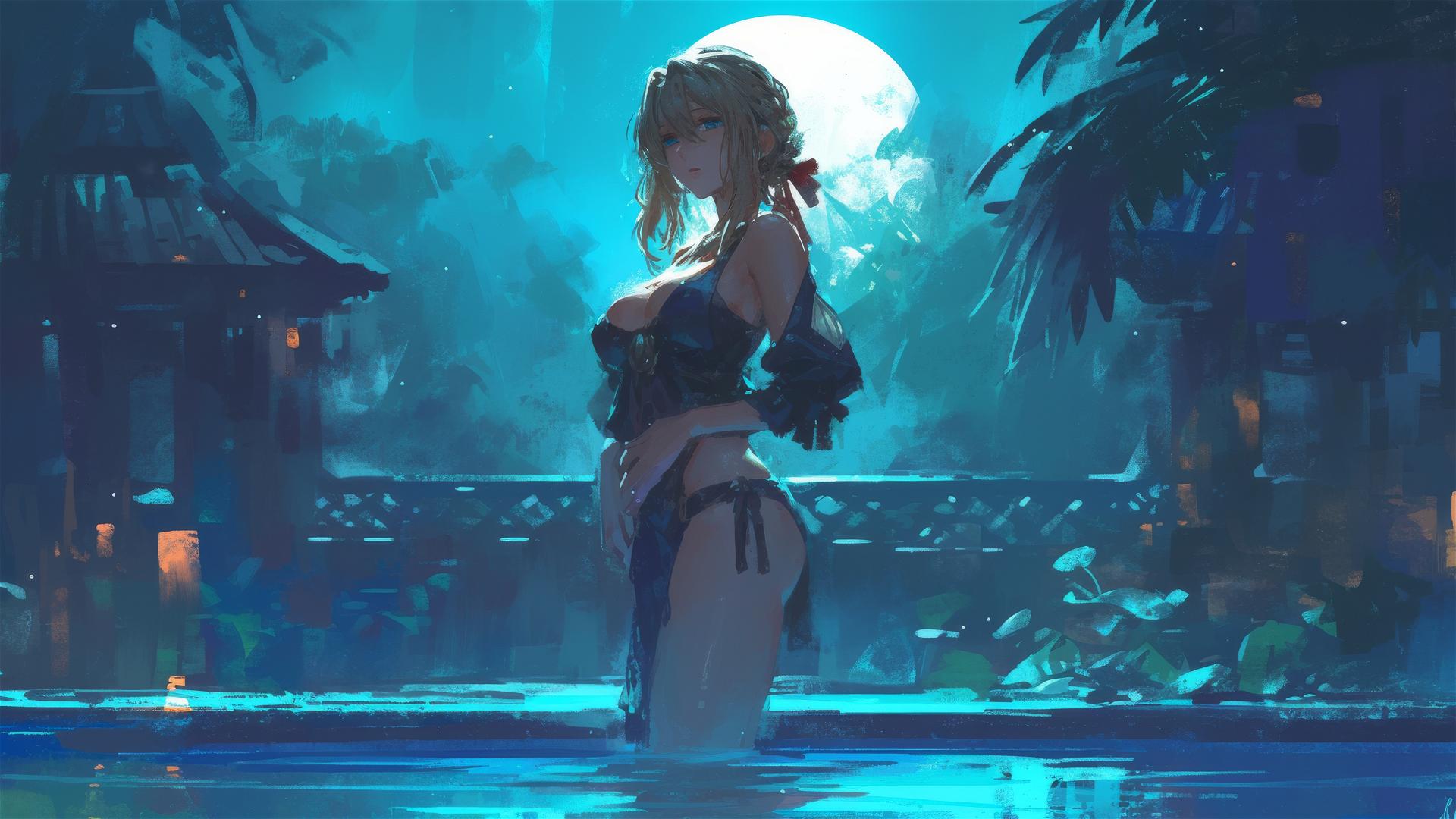 Violet Evergarden standing in pool under moonlight