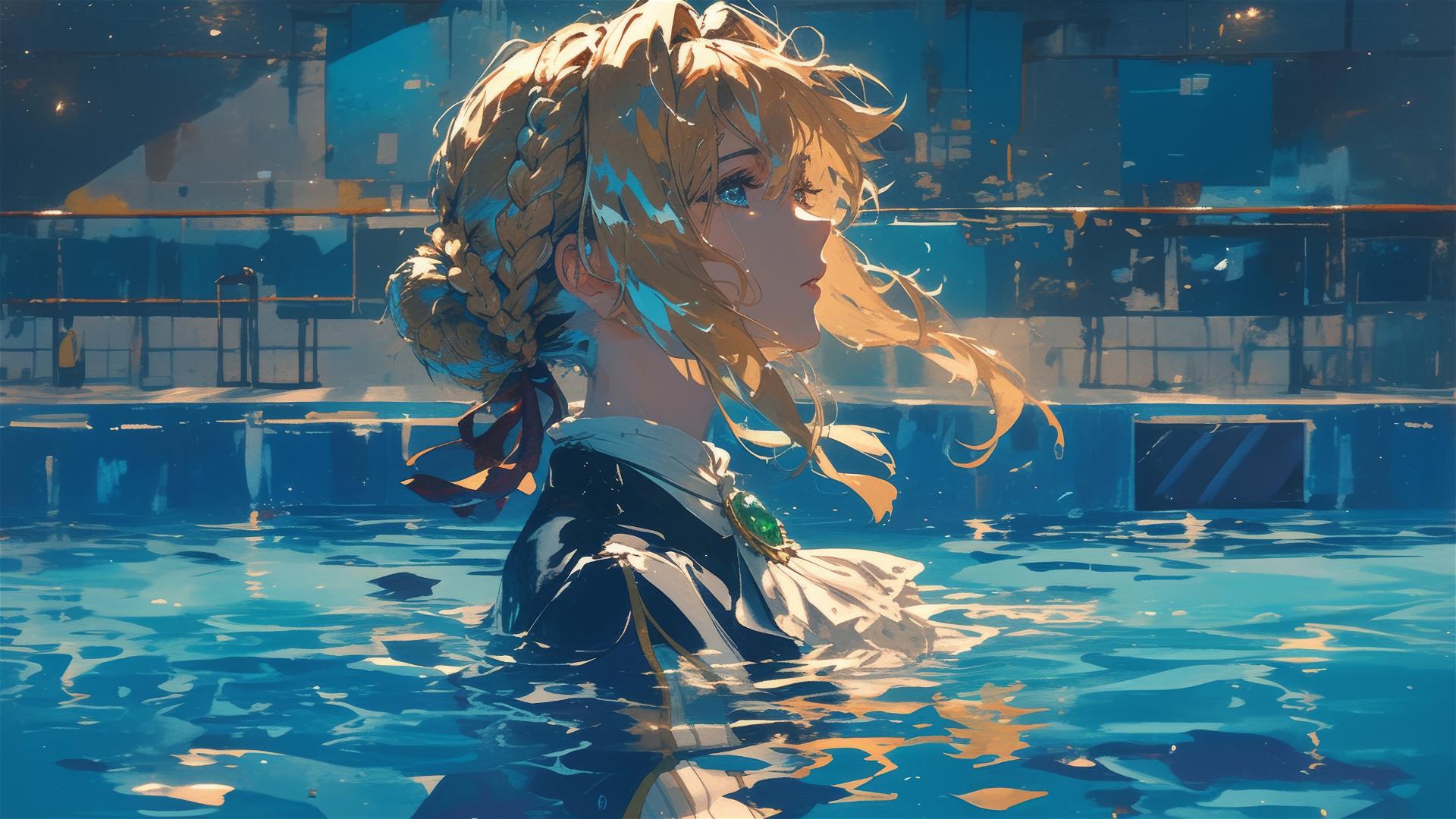 Violet Evergarden standing in pool under moonlight