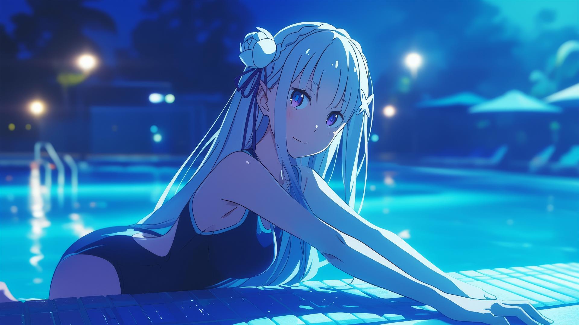 Emilia from Re:Zero by the pool under moonlight