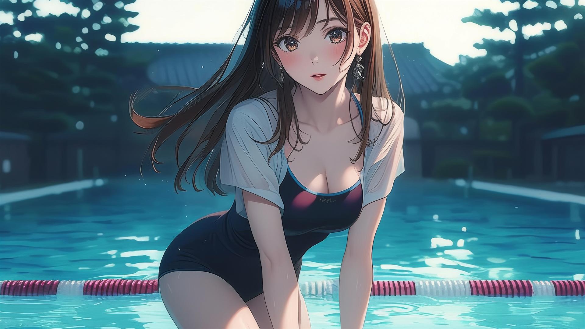 Mizuhara Chizuru leisurely swimming under moonlight with soft glow on figure, brown hair, light brown eyes.